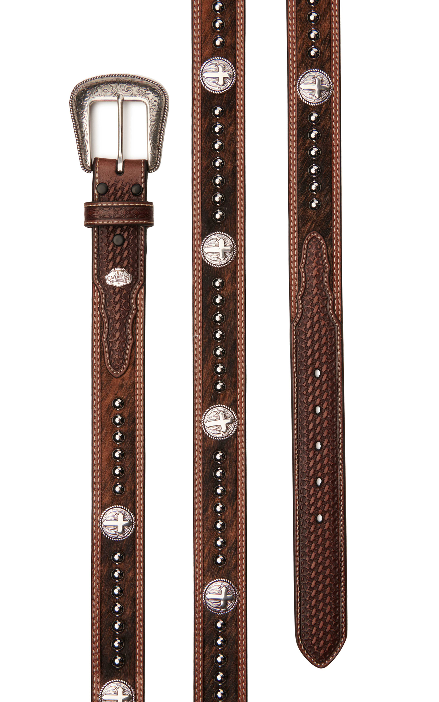 Cavender's Men's Brown Cowhide and Basketweave with Cross Conchos Western Belt - Image 1