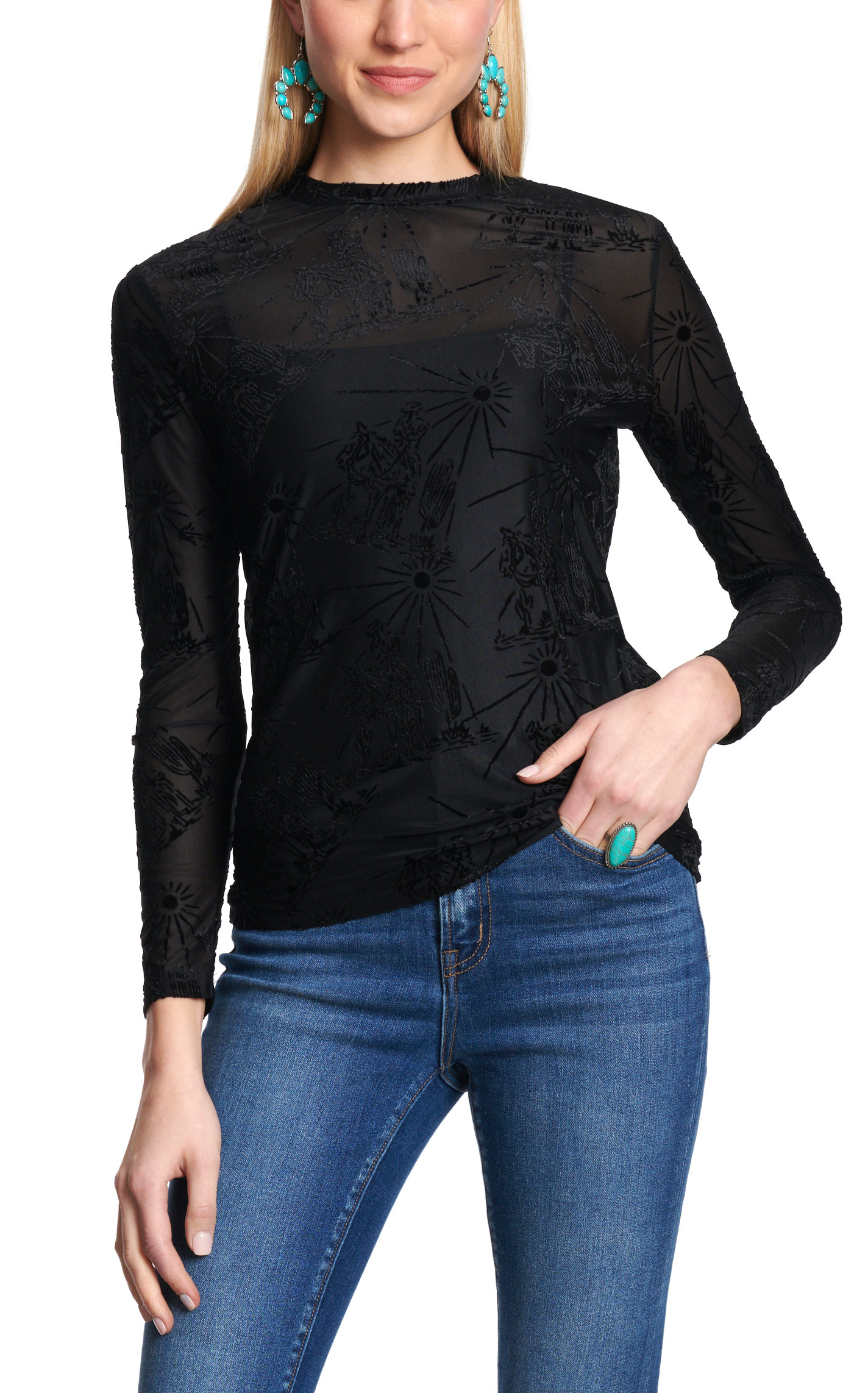 Marigold Kiss Women's Black Sunshine & Cowboys Mesh Top - Image 1