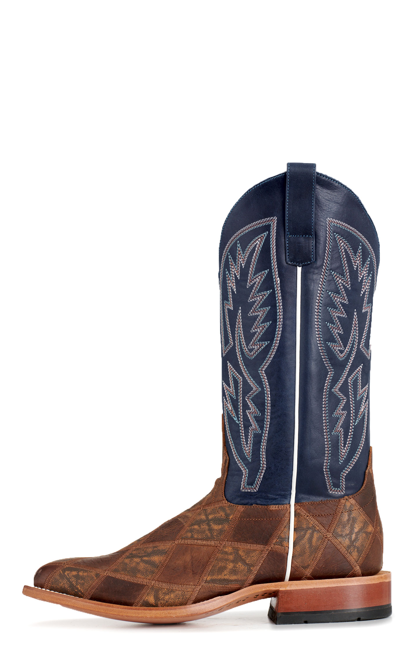 Anderson Bean Men's Horsepower Distressed Cognac Bison & Dark Blue Wide Square Toe Cowboy Boots - Image 1