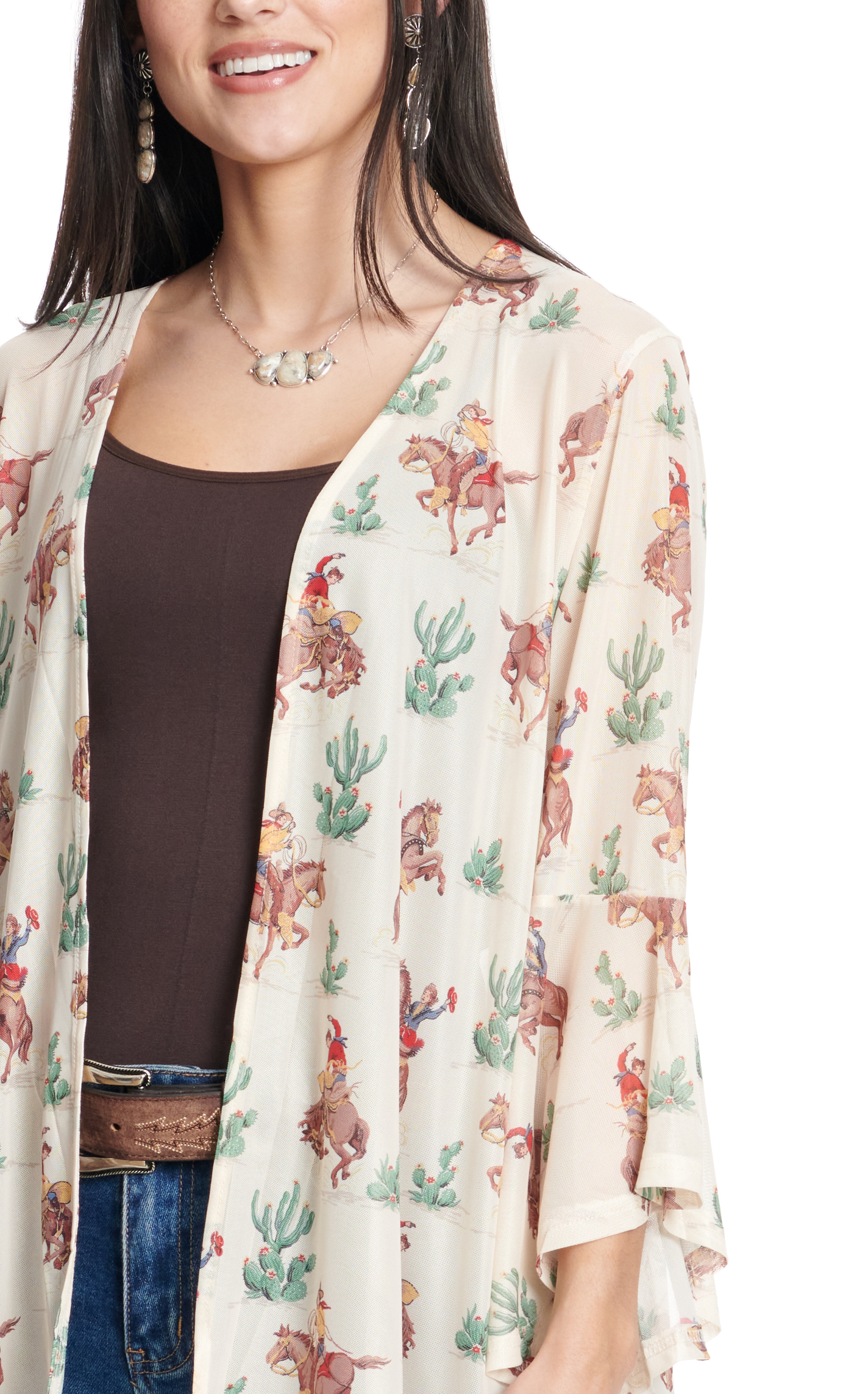 Fashion Express Women's Toasted Sand Retro Cowboy & Desert Print Lightweight Kimono - Image 1