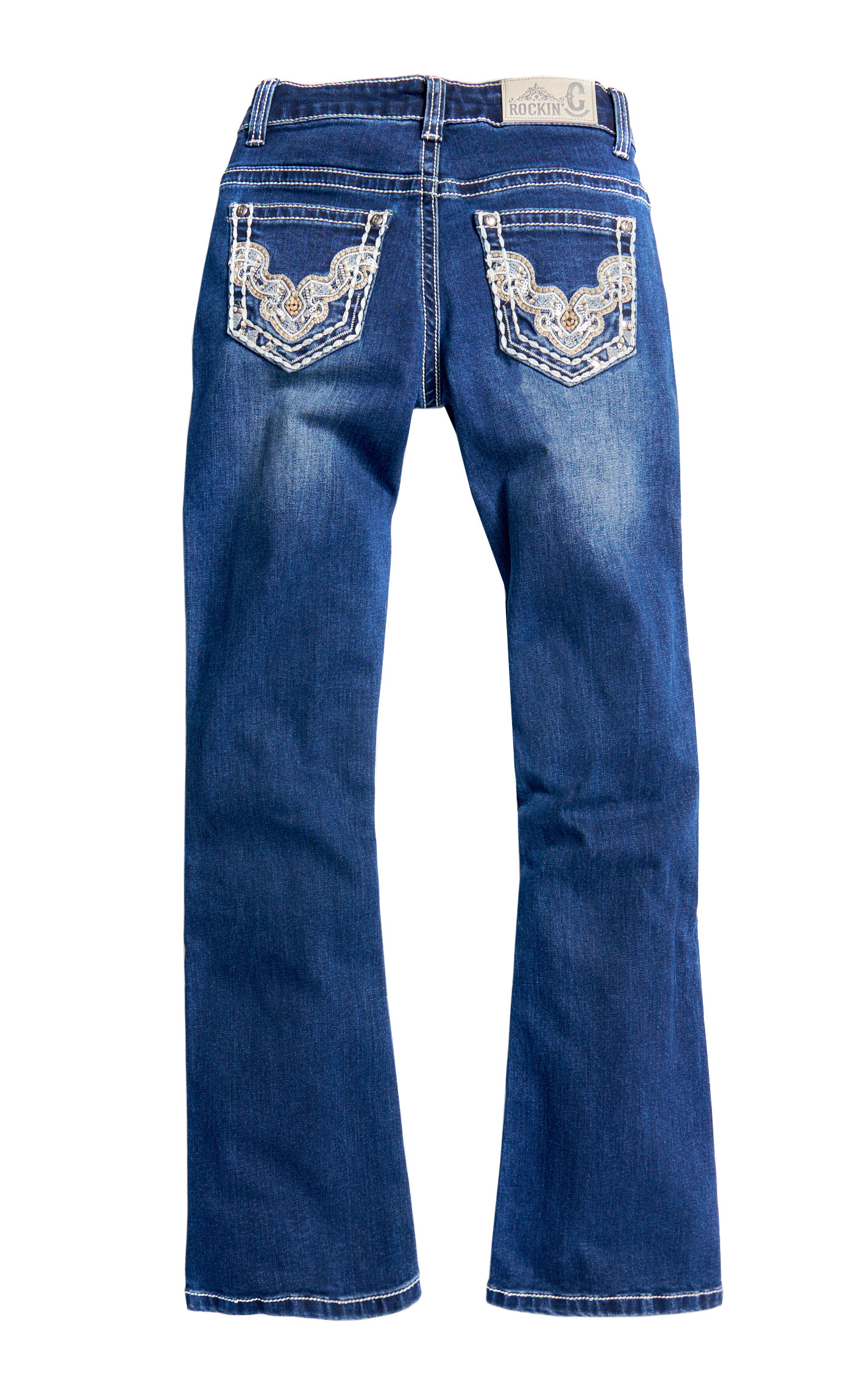Rockin C Girl's Dark Wash Embroidery & Sequin Pocket Jeans  - Image 1