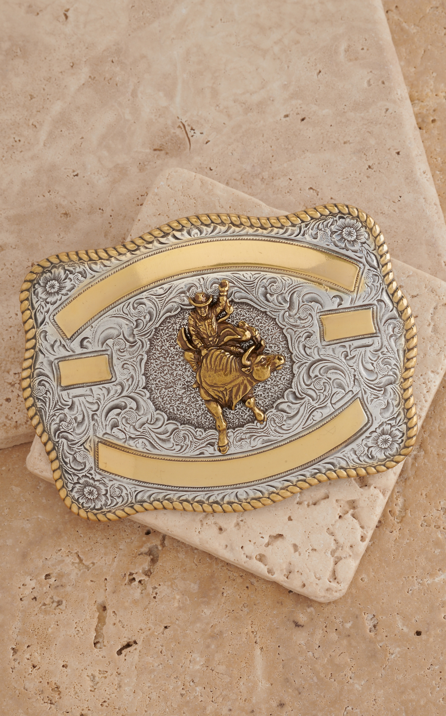 Crumrine Silver with Gold Ribbon & Bull Rider Rectangle Belt Buckle - Image 1