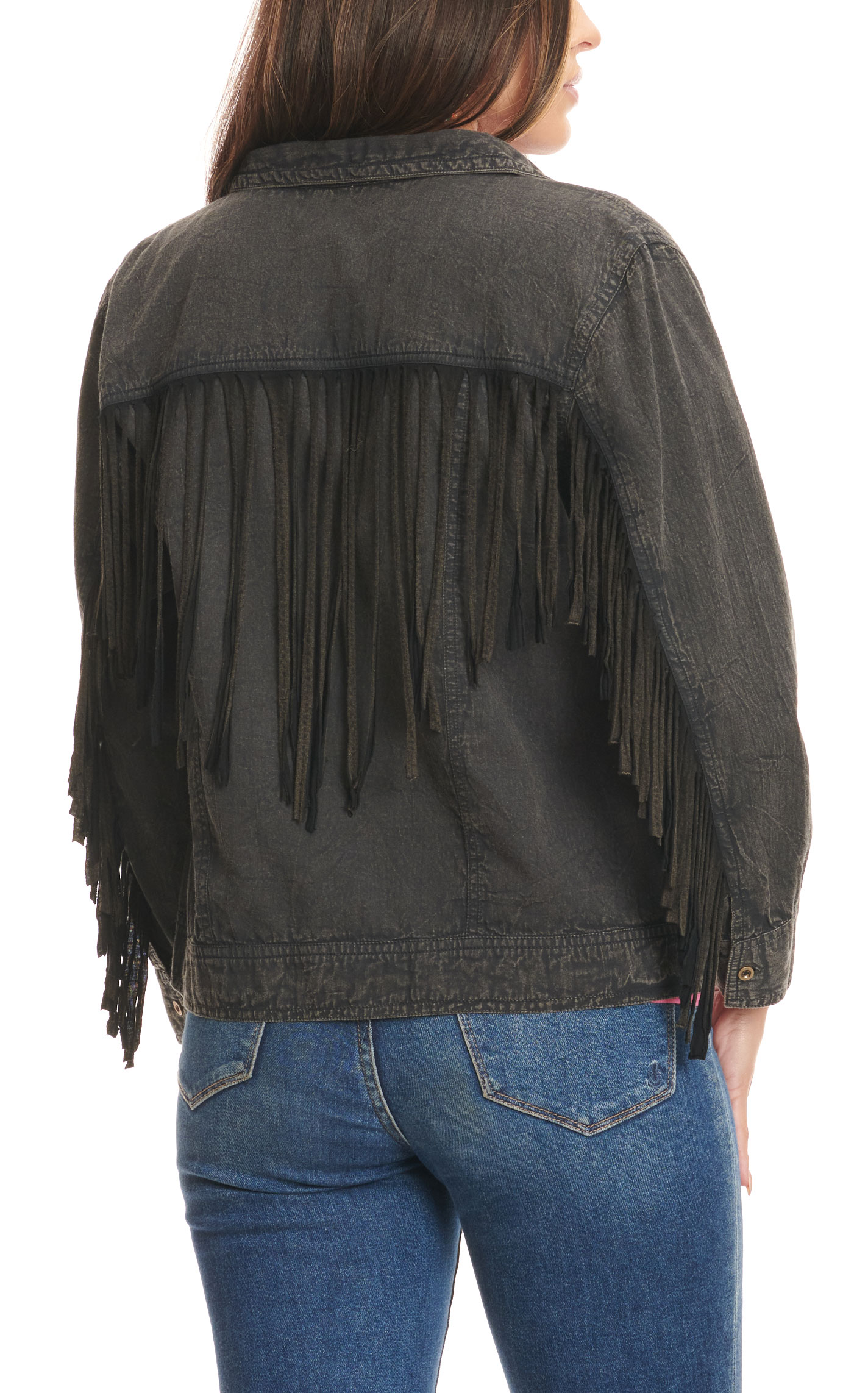 Rockin' C Women's Washed Black Fringed Long Sleeve Jacket - Image 1