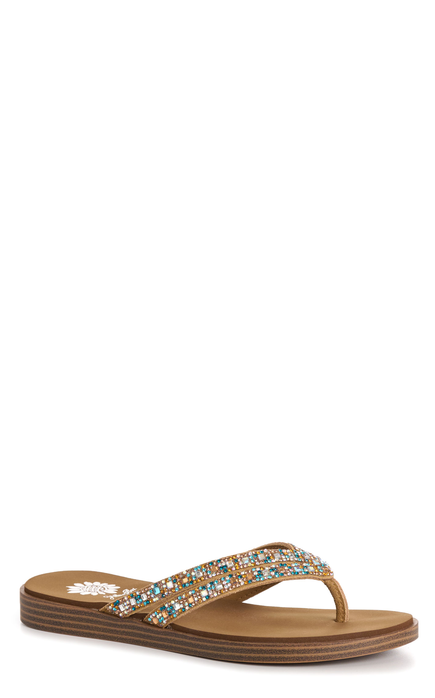 Yellow Box Women’s Tan Dalia Multi-Stone Turquoise Flip Flops - Image 1