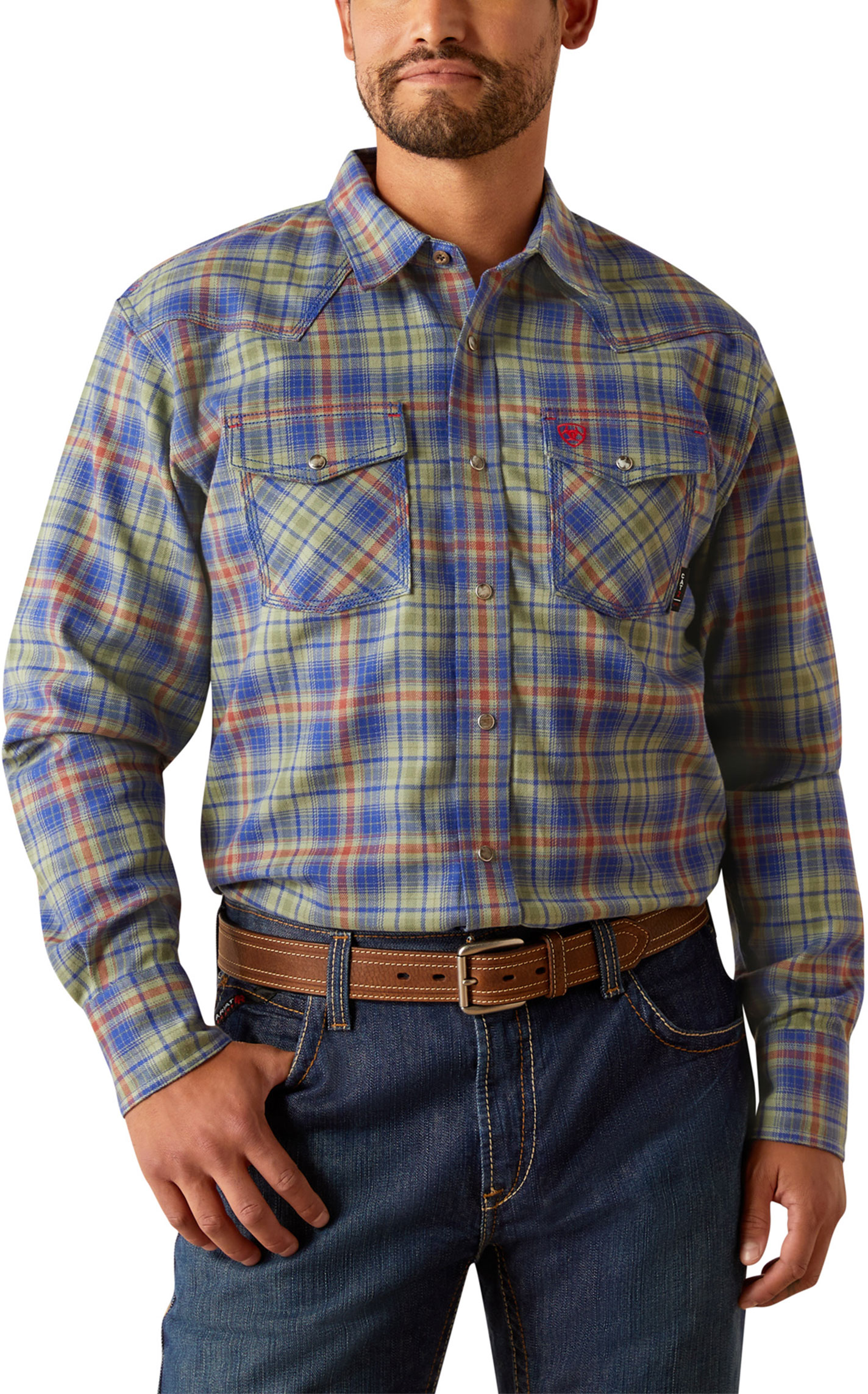 Ariat Men's Wilshire Olive & Blue Plaid FR Work Shirt - Image 1