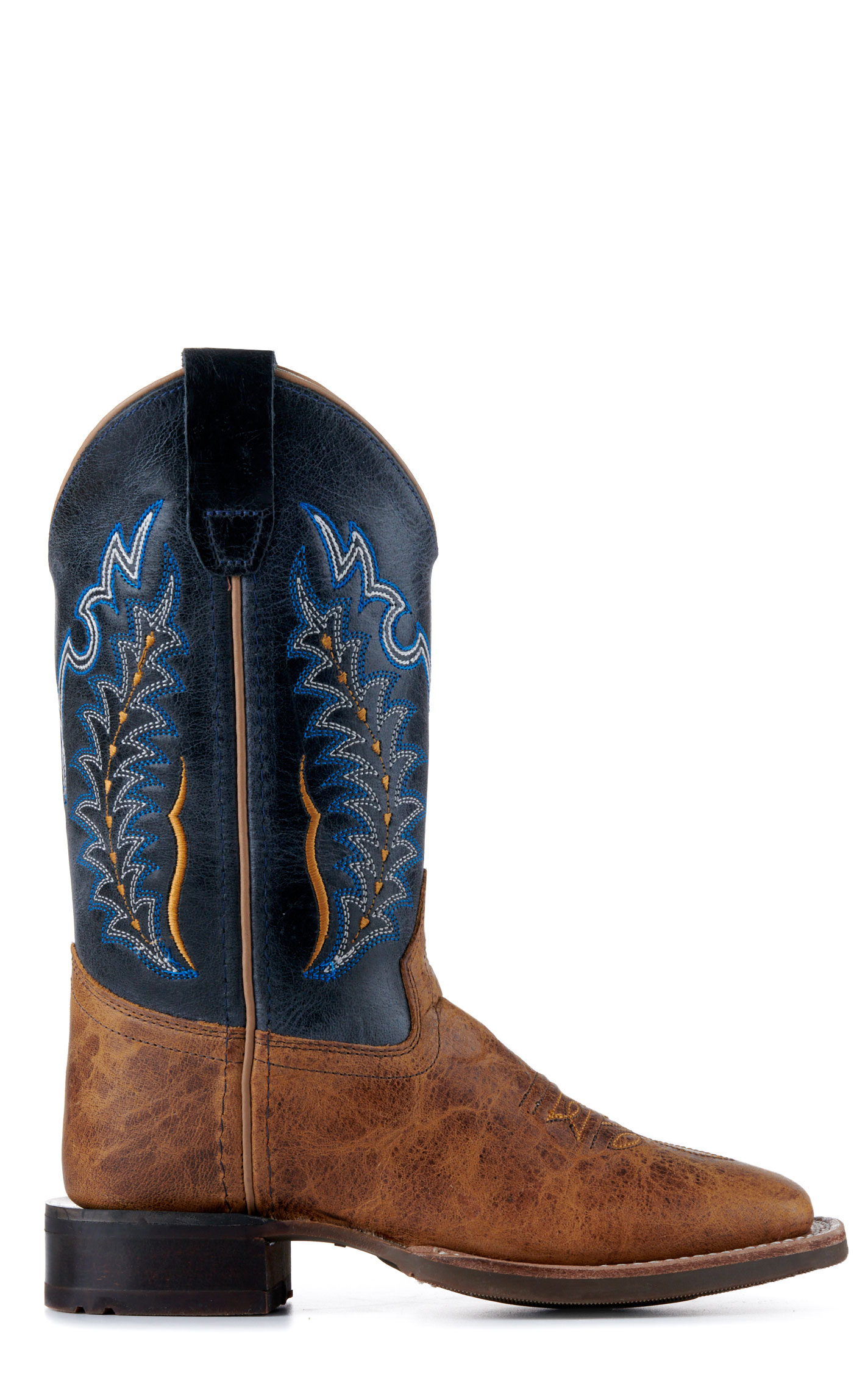 Old West Youth Burnt Tan and Navy Blue Wide Square Toe Cowboy Boots - Image 1