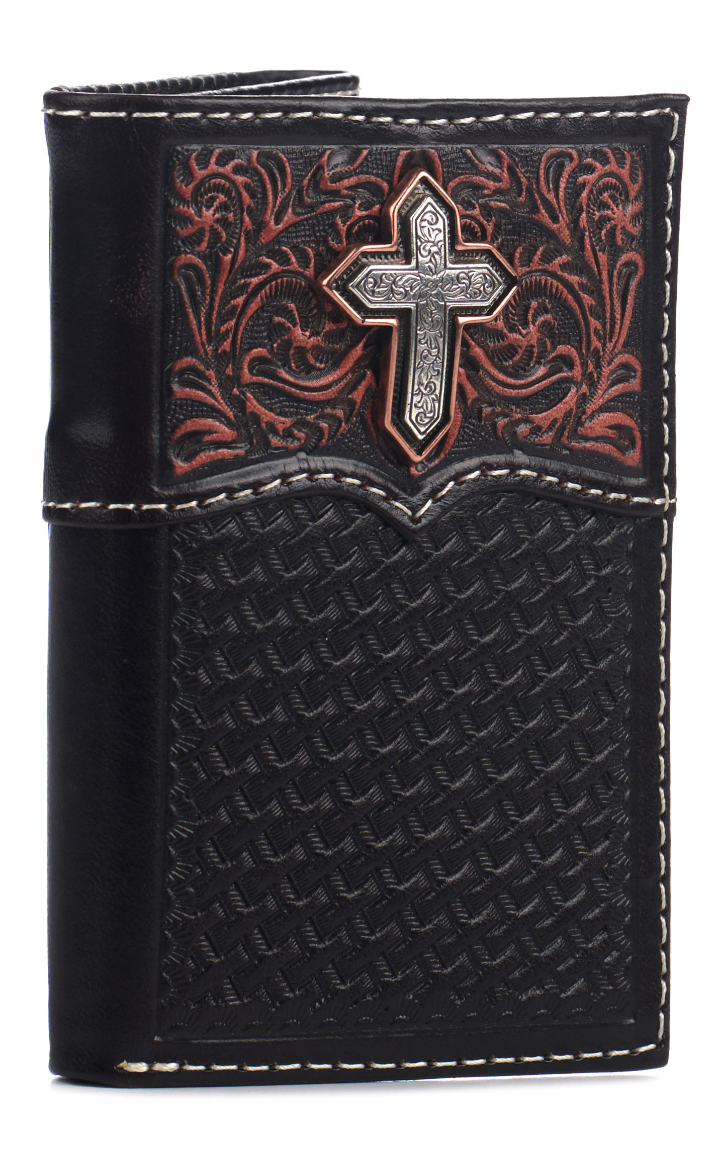 Ariat Men's Black & Cinnamon Tooled & Cross Accent Tri-Fold Wallet - Image 1