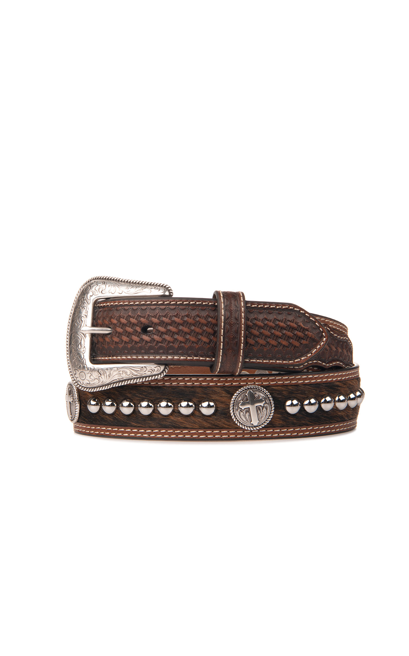 Cavender's Men's Brown Cowhide and Basketweave with Cross Conchos Western Belt - Image 1