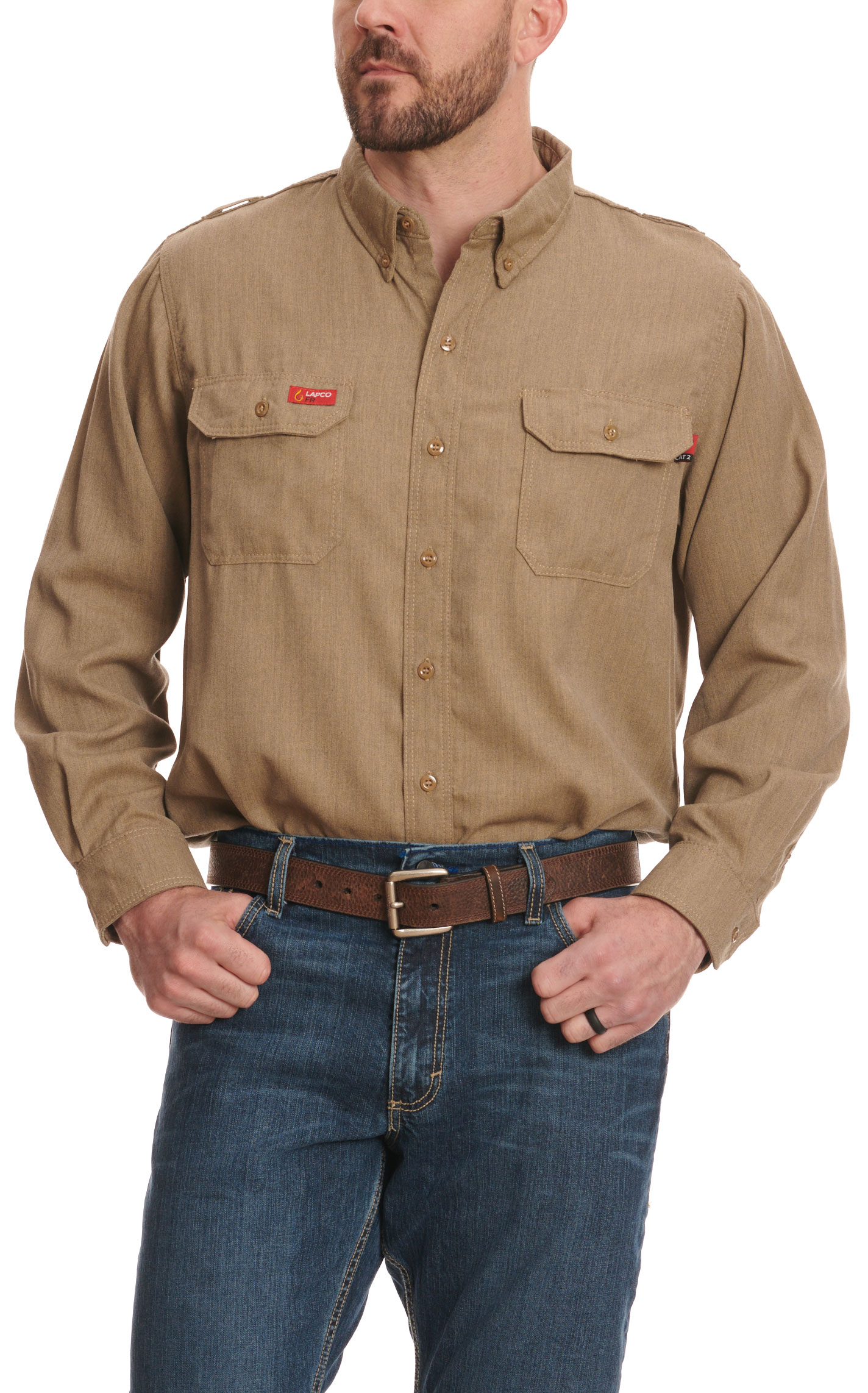 Lapco Men's Dark Sandy Khaki Long Sleeve FR Work Shirt - Big & Tall Sizes - Image 1