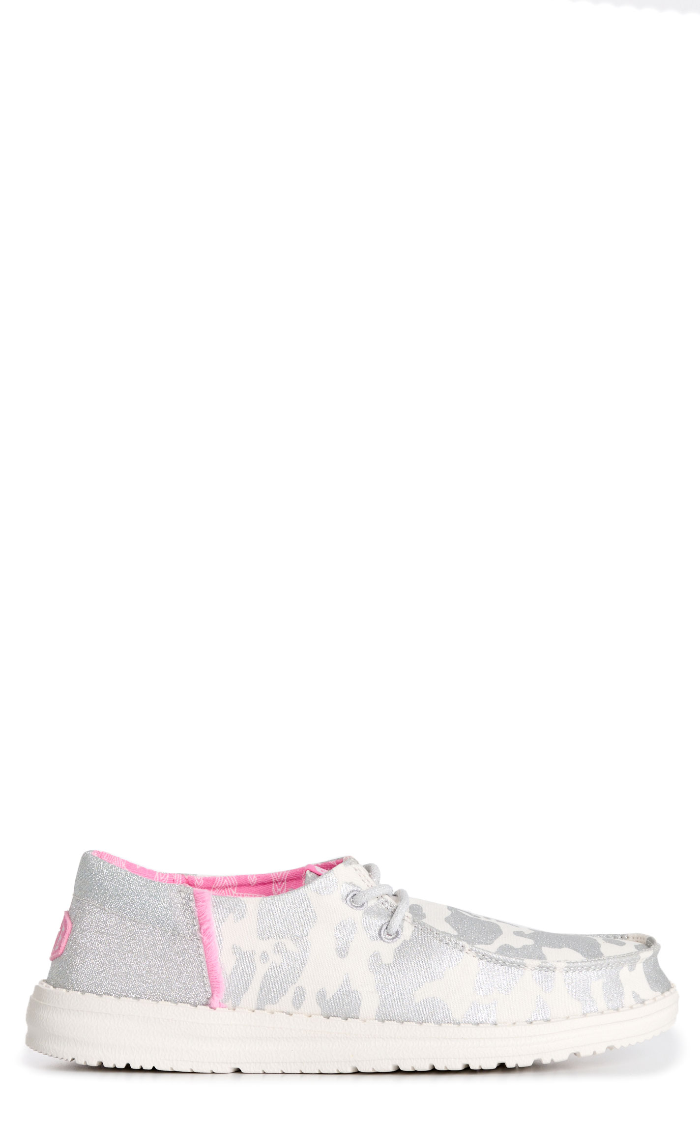 Hey Dude Women’s Wendy Funk Cow White, Silver and Pink Casual Shoes - Image 1