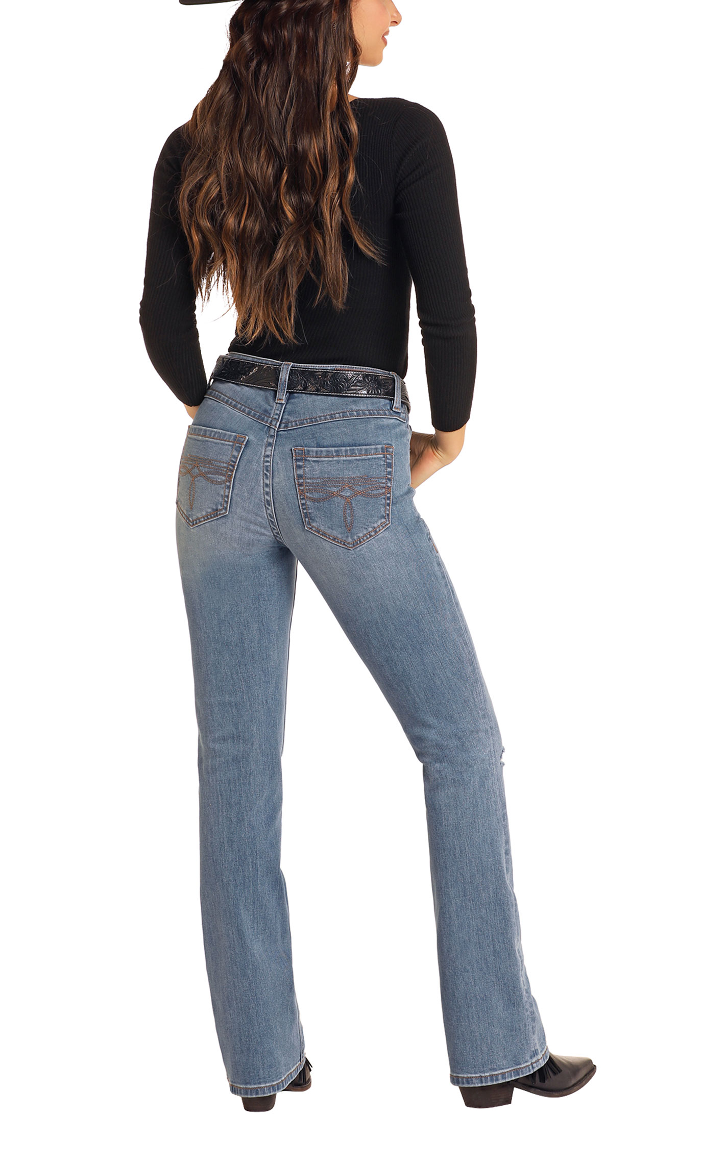Rock & Roll Denim Women's Light Wash Distressed Boot Cut Jeans - Image 1