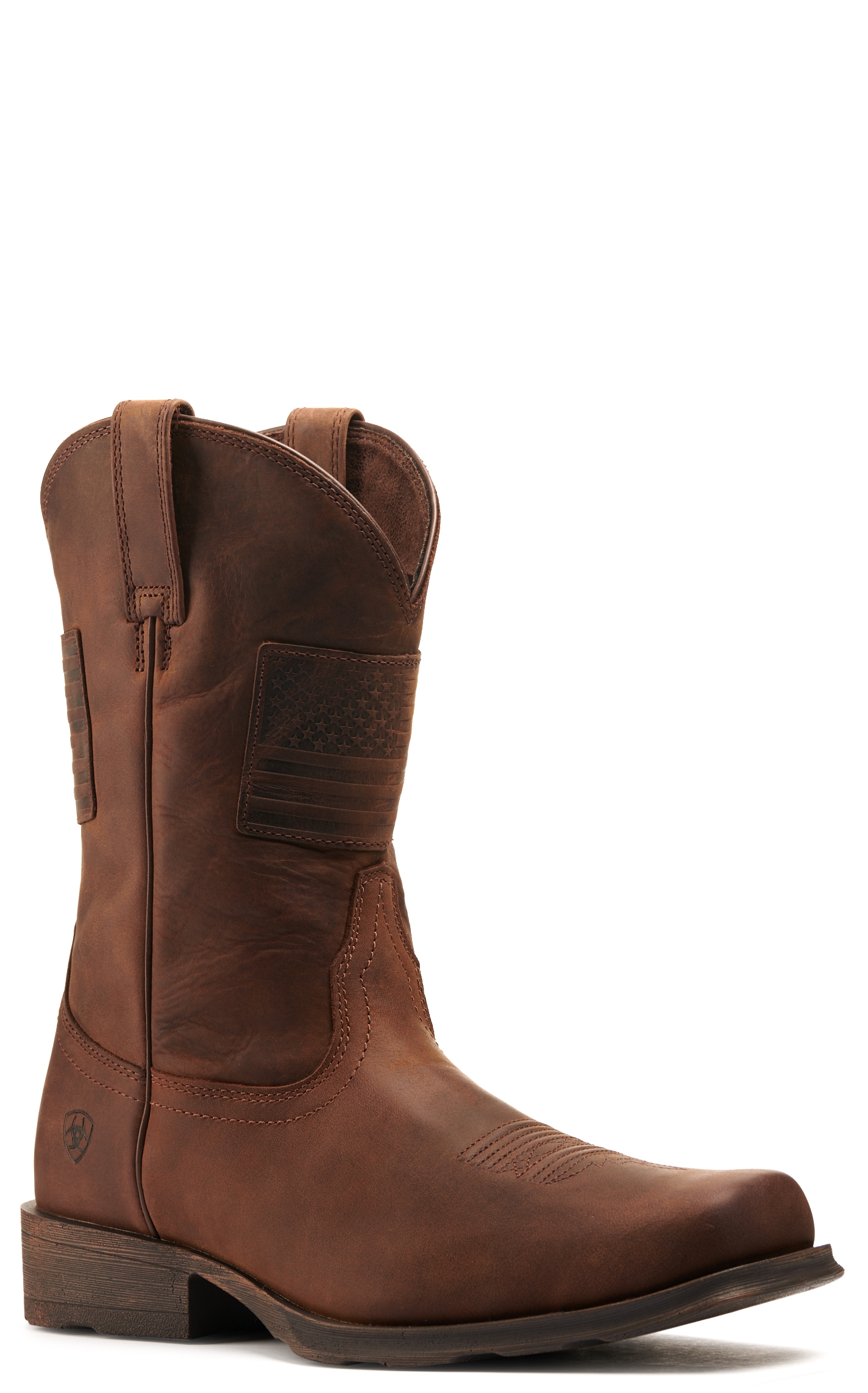 Ariat Men's Rambler Patriot Distressed Brown with Flag Patch Bantamweight Square Toe Cowboy Boot - Image 1