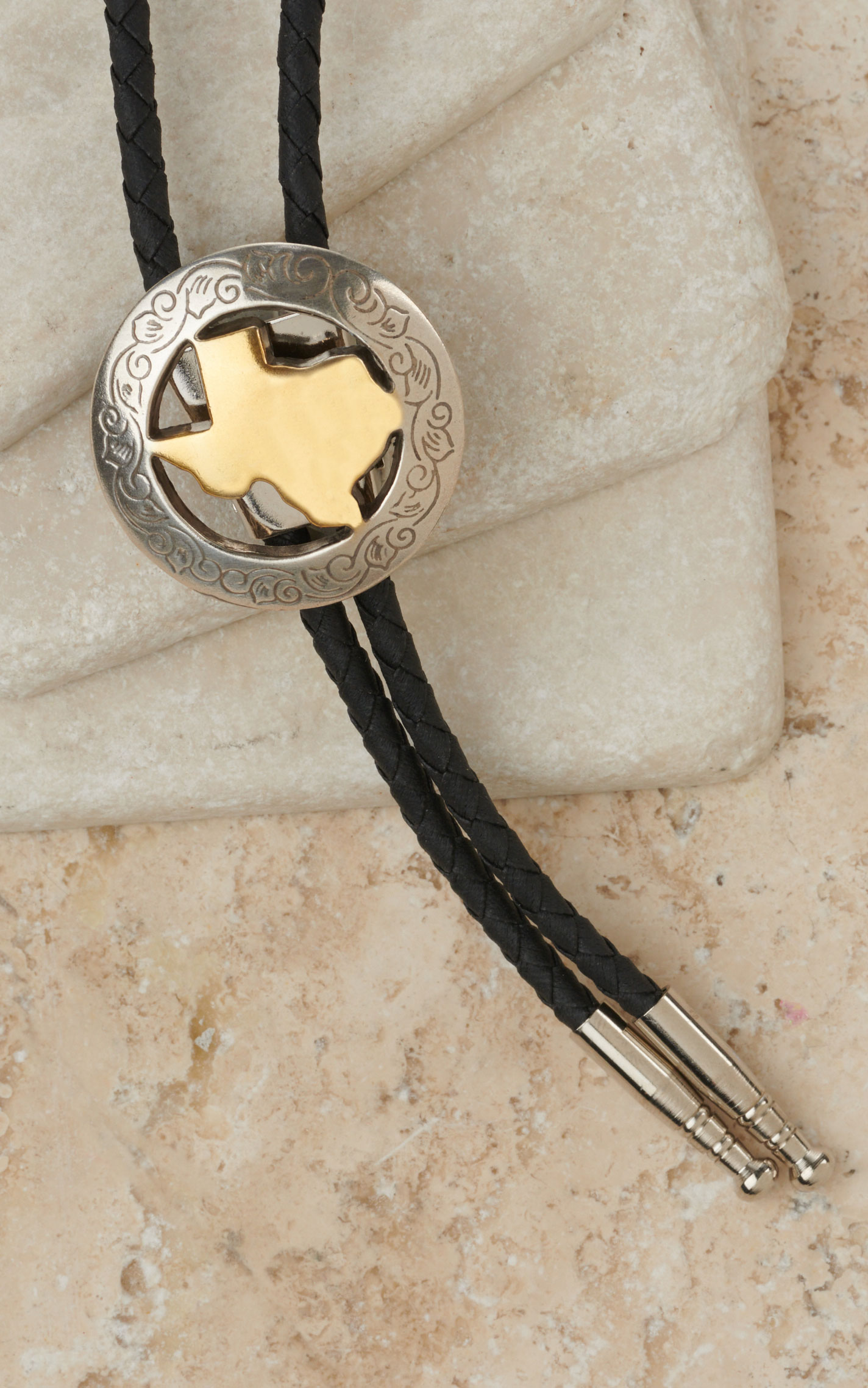 M&F Silver with Gold State of Texas Center Bolo Tie - Image 1