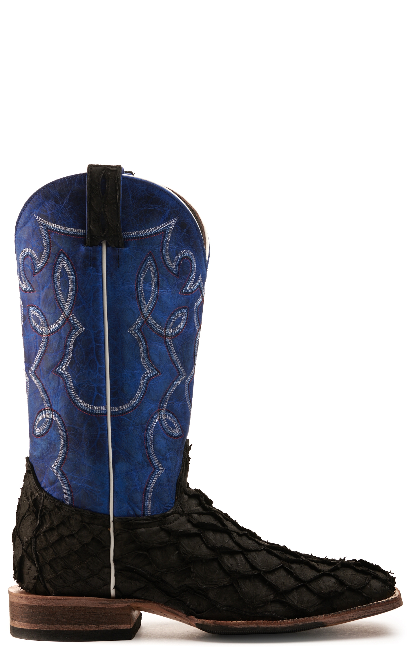 Cavender's Men's Black Nubuck Pirarucu with Blue Cowhide Wide Square Toe Exotic Cowboy Boot - Image 1