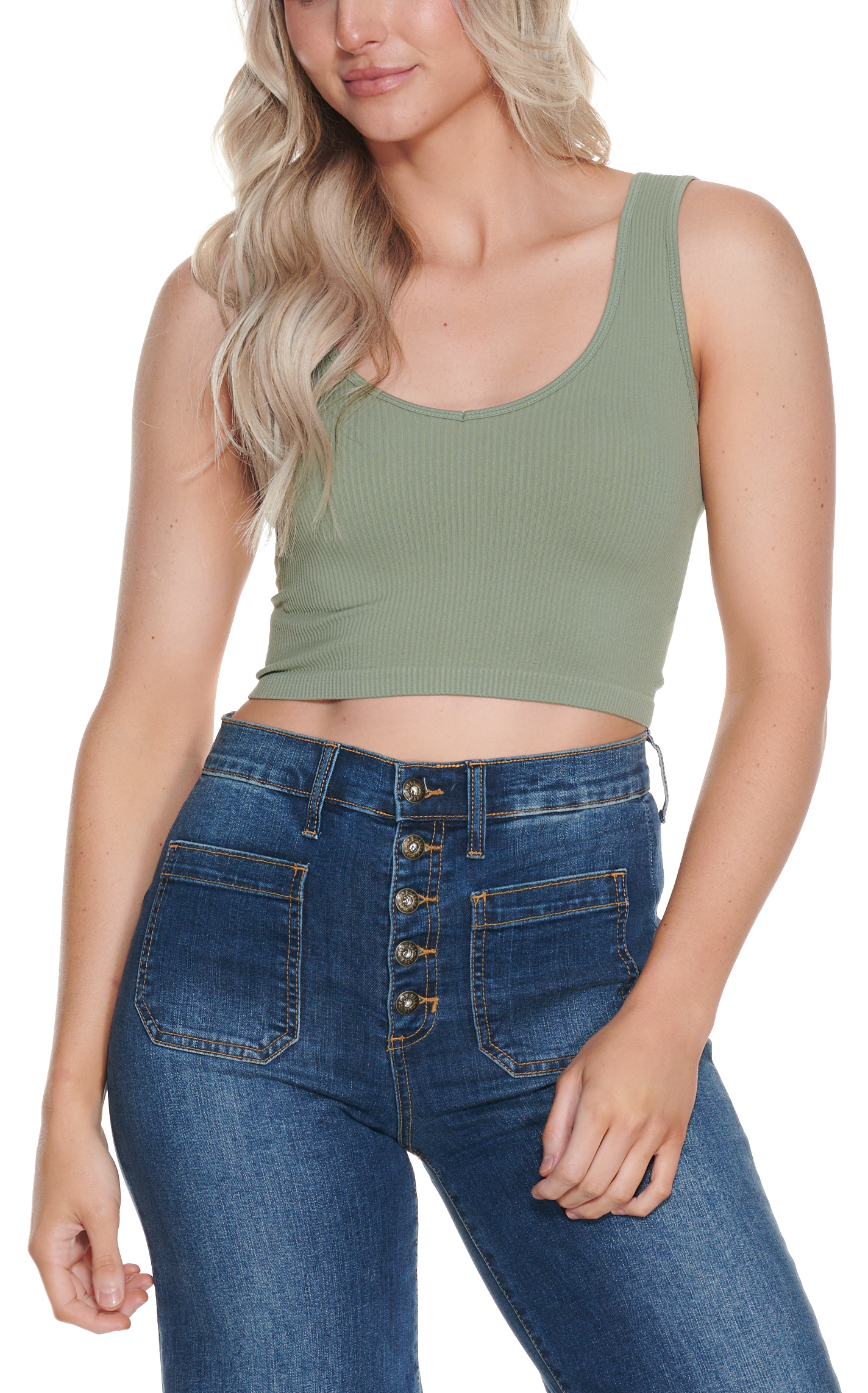Suzzette Women's Olive Ribbed Knit Cropped Cami - Image 1