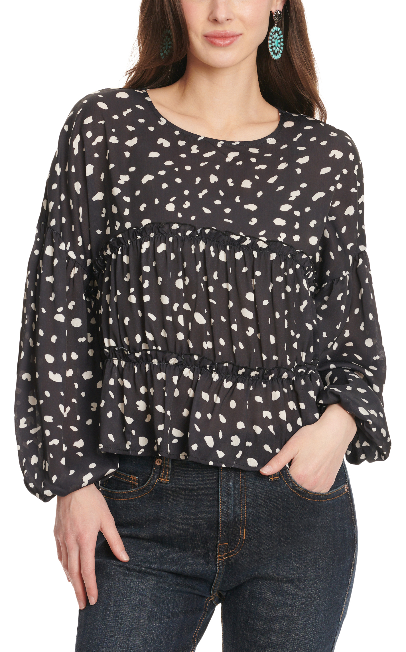 Newbury Kustom Women's Black & White Splotches Print Puff Long Sleeve Top - Image 1