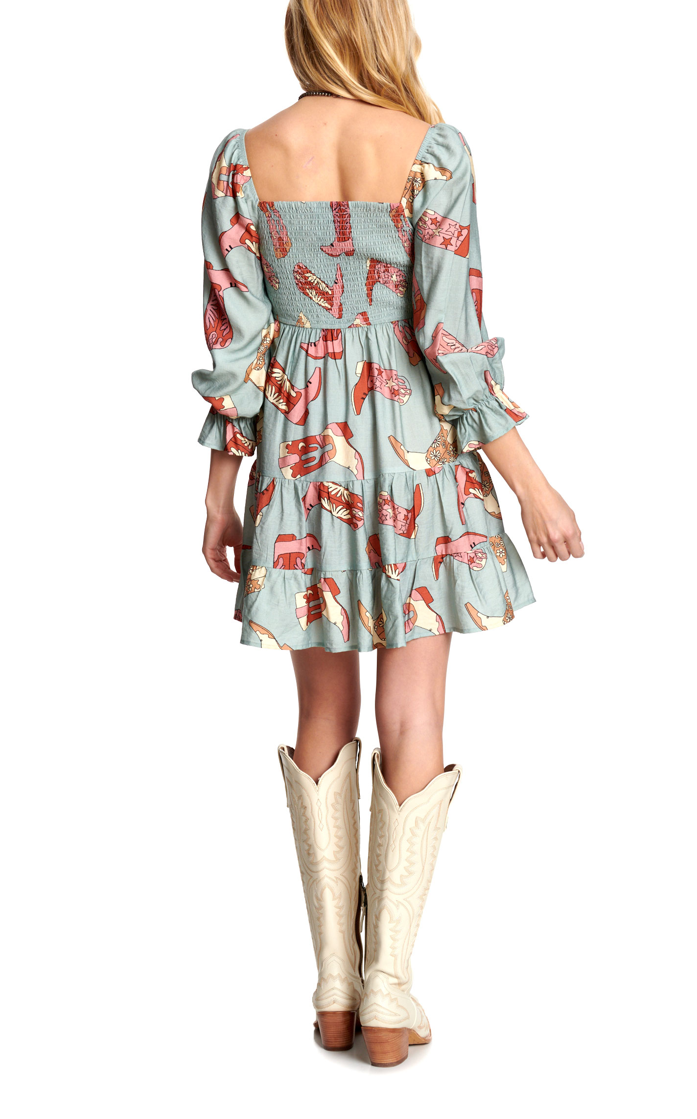 Rockin C Women's Aqua Marine Boot Print Smocked Dress - Image 1