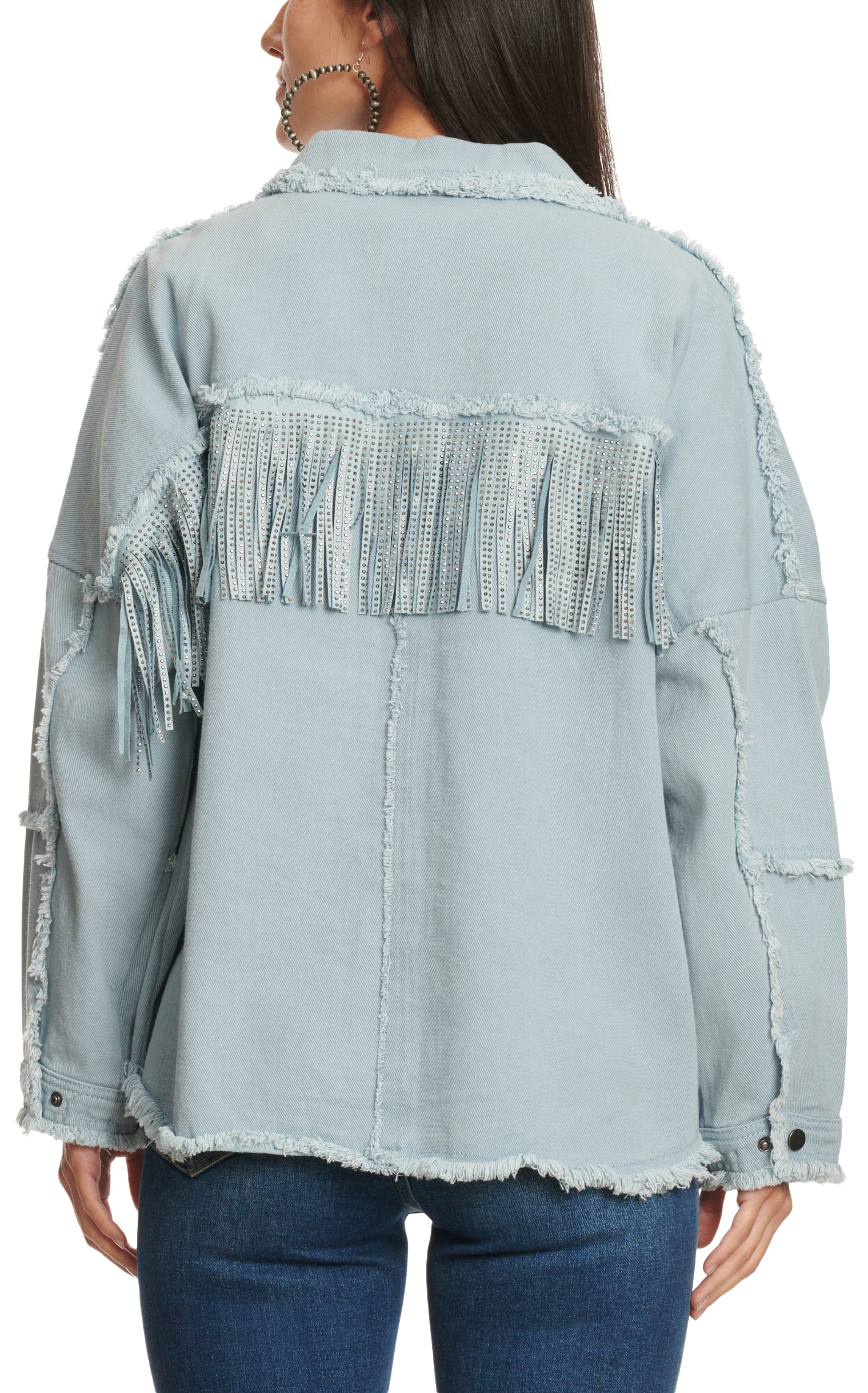 Rockin' C Women's Light Blue with Rhinestone Fringe Drop Shoulder Jacket - Image 1