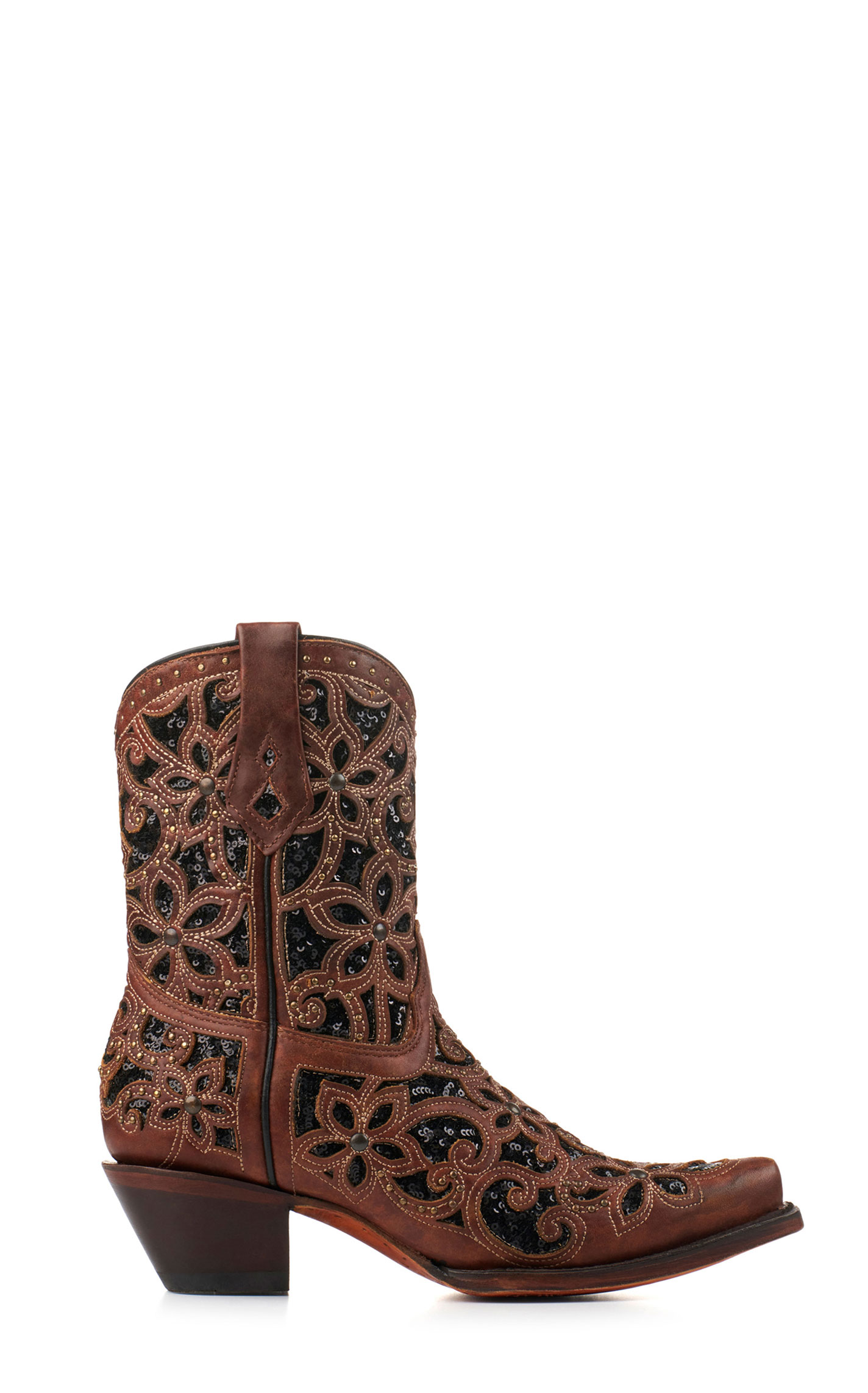 Corral Women's Brown with Black Glitter Inlay Snip Toe Cowboy Booties - Image 1