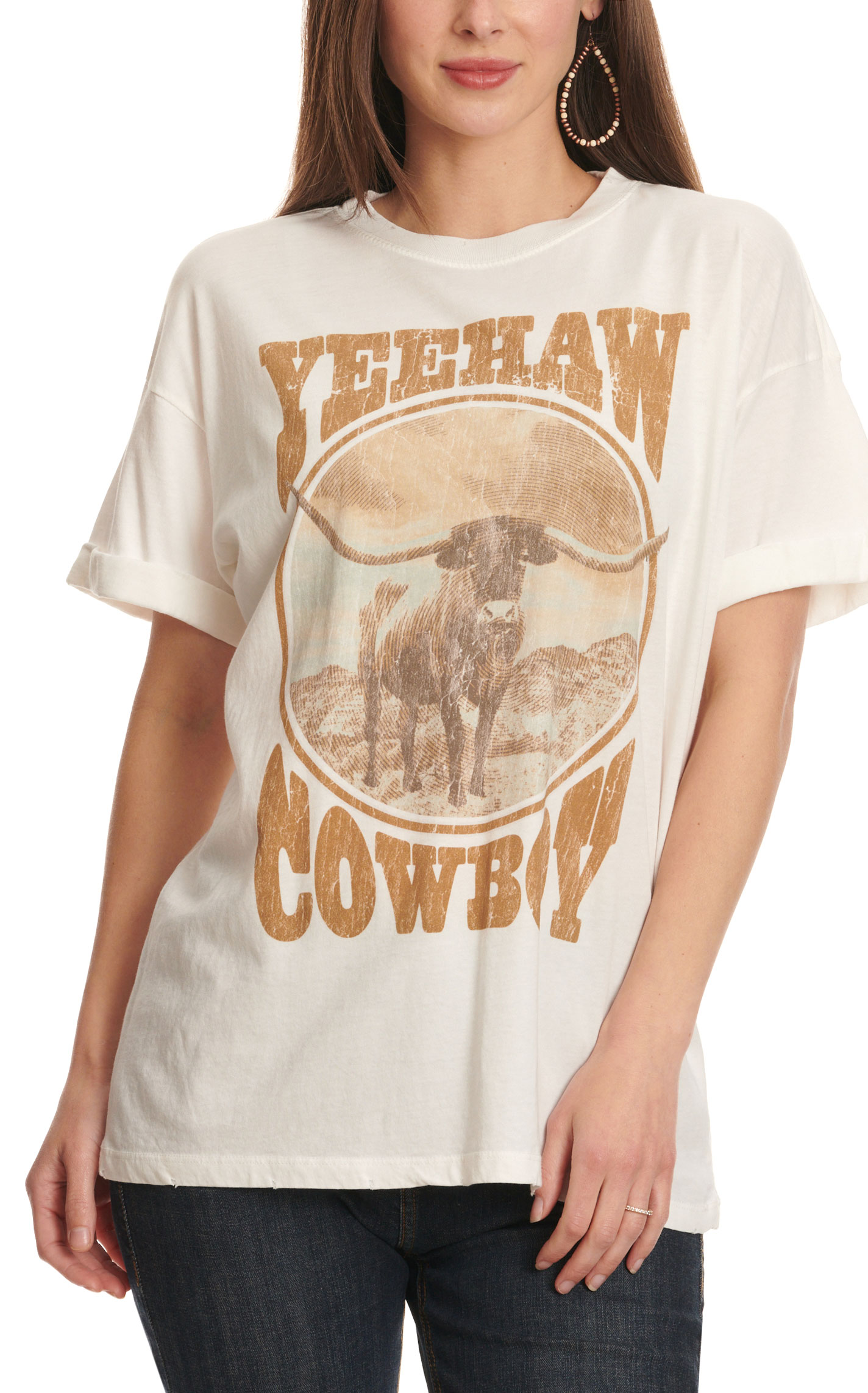 Girl Dangerous Women's White Yeehaw Cowboy Longhorn Graphic T-Shirt - Image 1