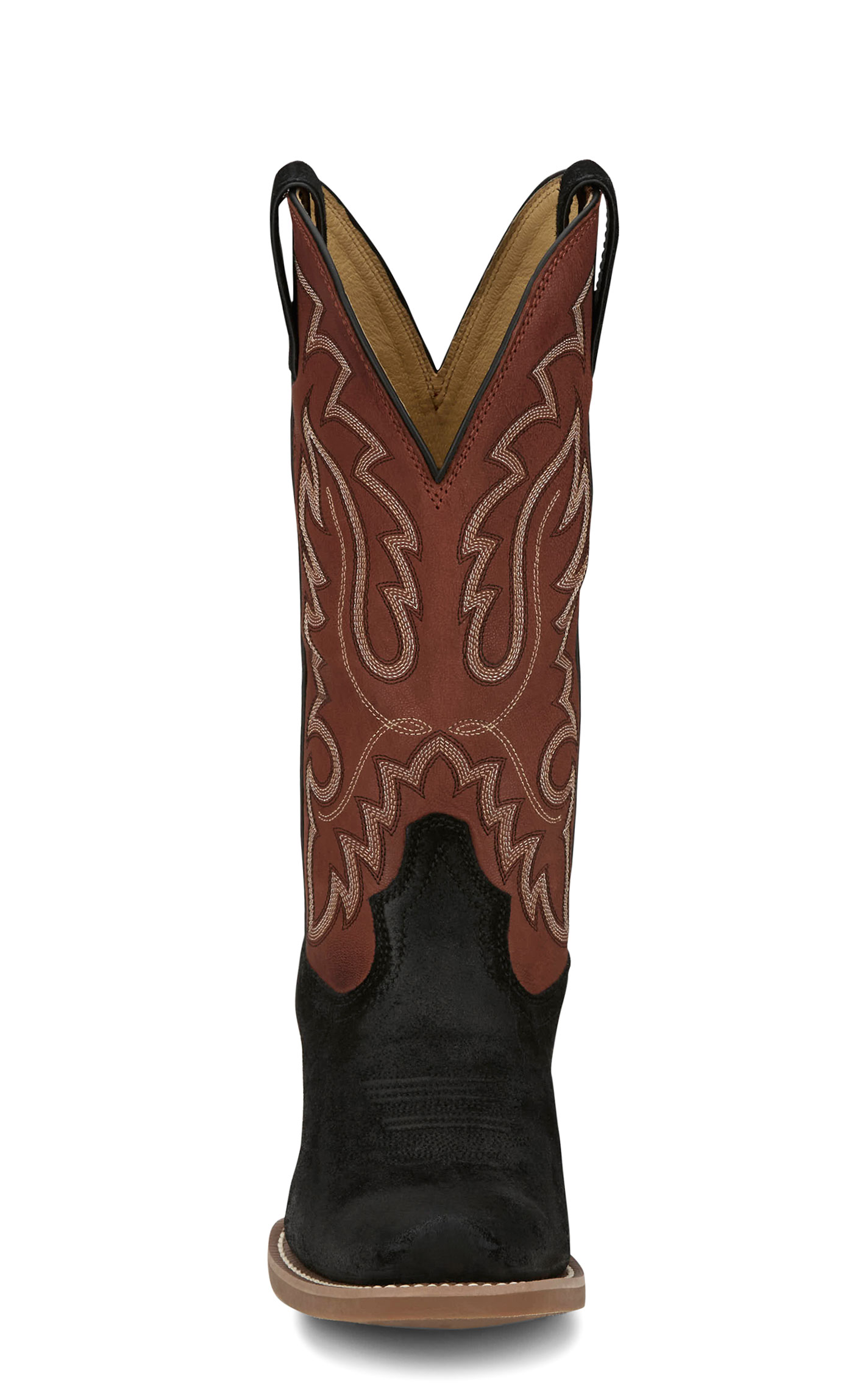 Justin Men’s Frontier Black Suede & Orange Goat Punchy Toe Cowboy Boots - Image 1