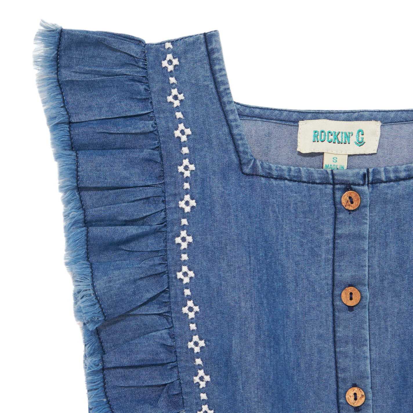 Rockin' C Girl's Medium Wash Aztec Embroidered Denim Romper - Image 1