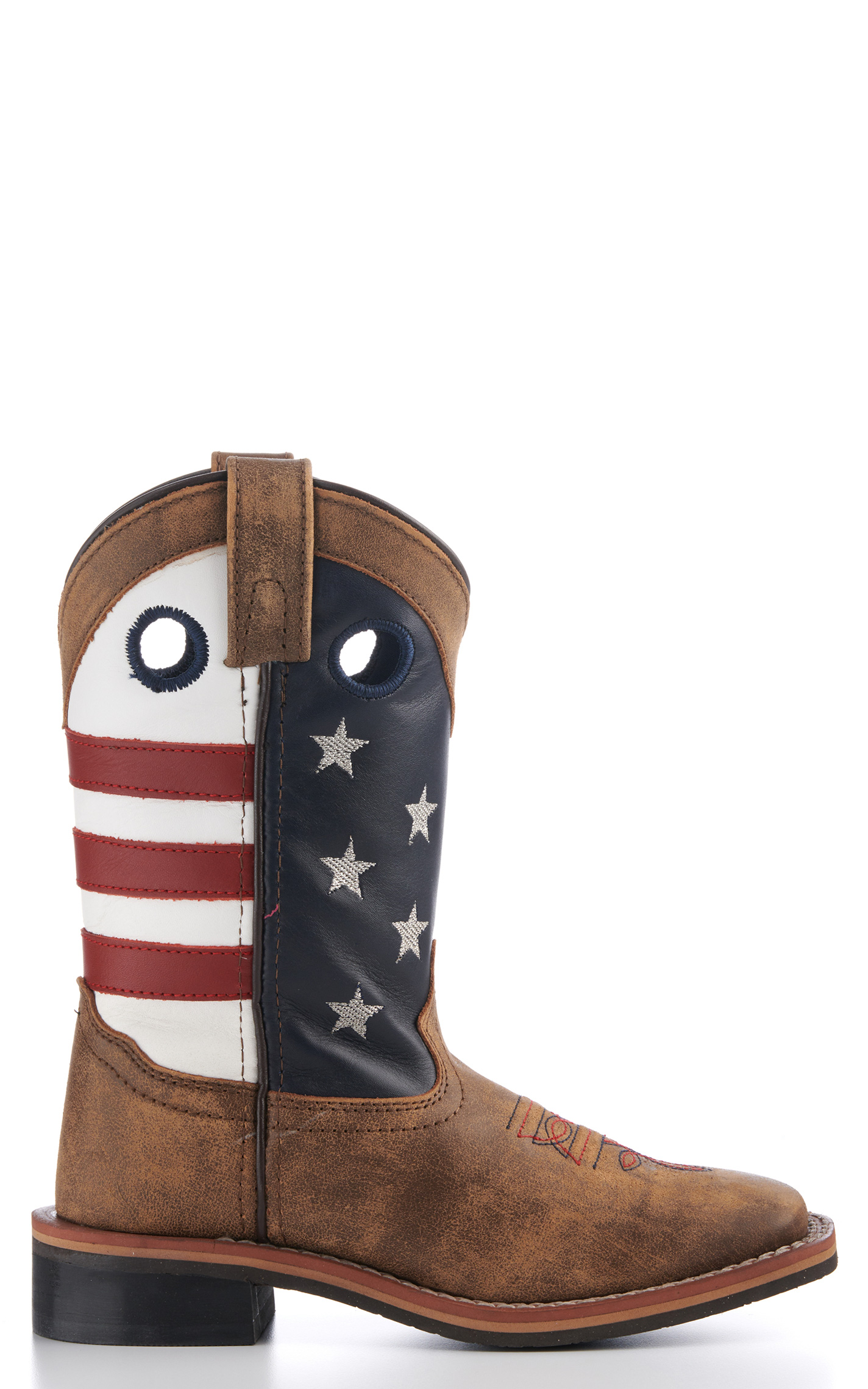 Smoky Mountain Kids Distressed Brown and USA Flag Square Toe Cowboy Boots - Image 1