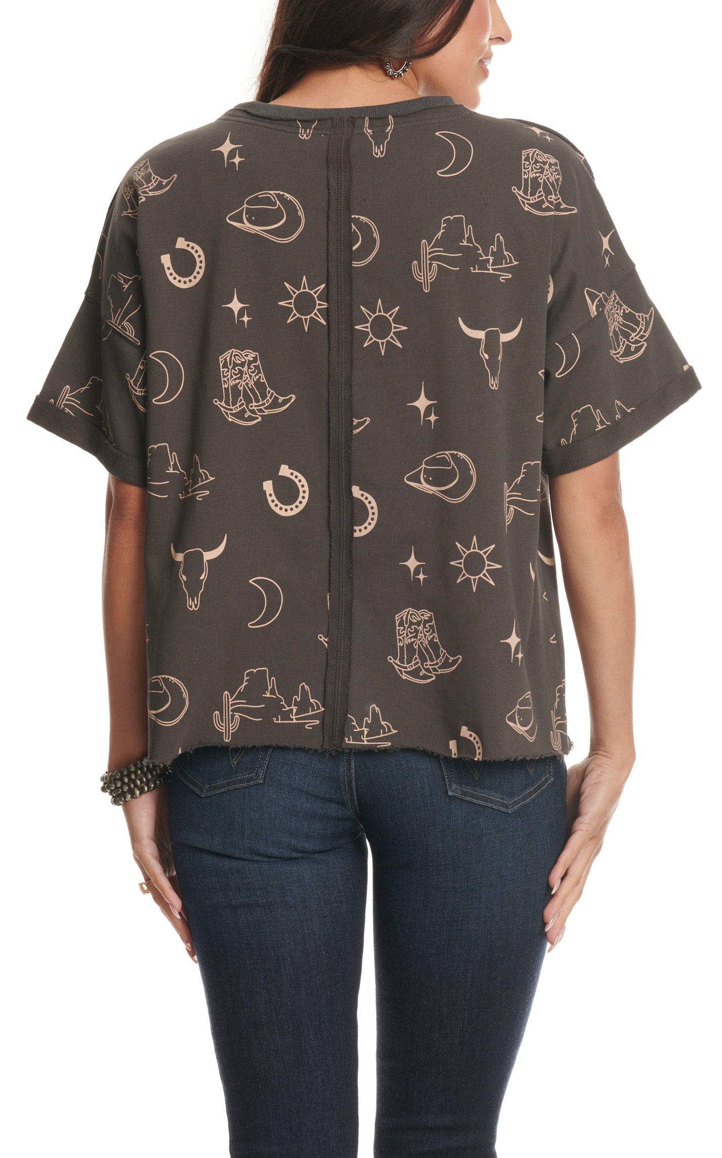 Umgee Women's Charcoal & Latte Western Print Top - Image 1