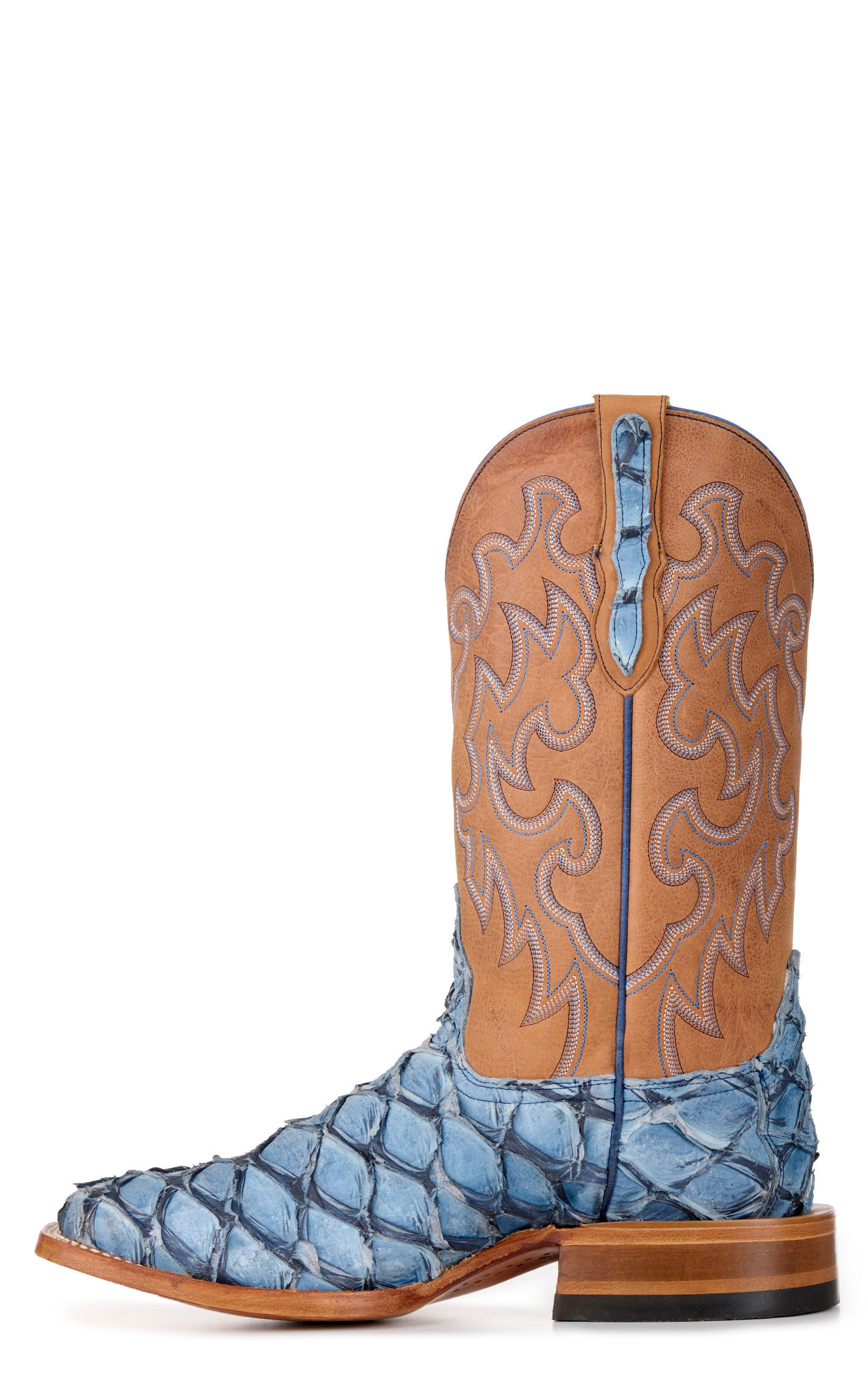 Cavender’s Men’s Blue Pirarucu and Brass Wide Square Toe Exotic Cowboy Boots - Image 1