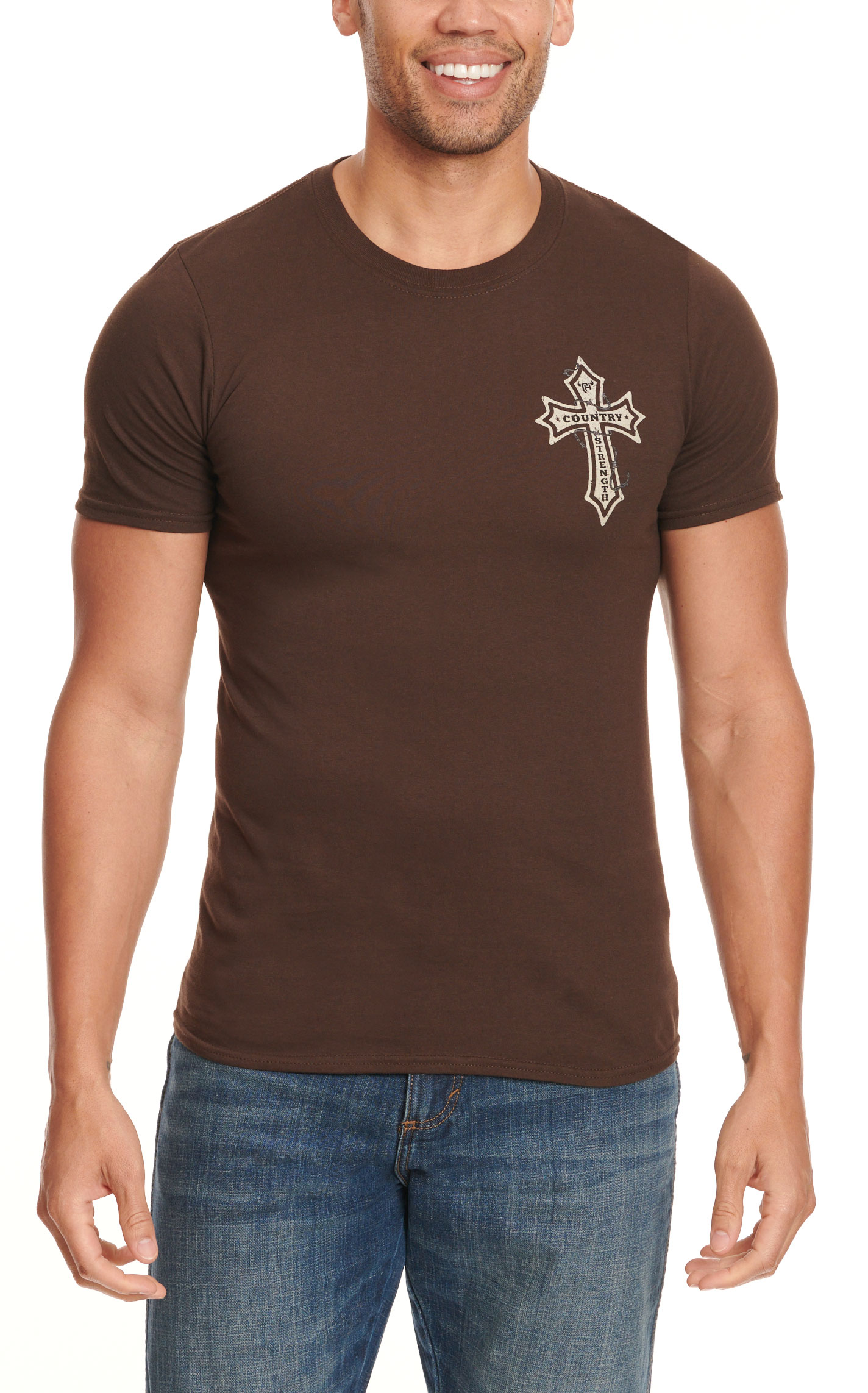 Cowboy Hardware Men's Chocolate Country Strength Cross Logo Graphic Short Sleeve T-Shirt - Image 1