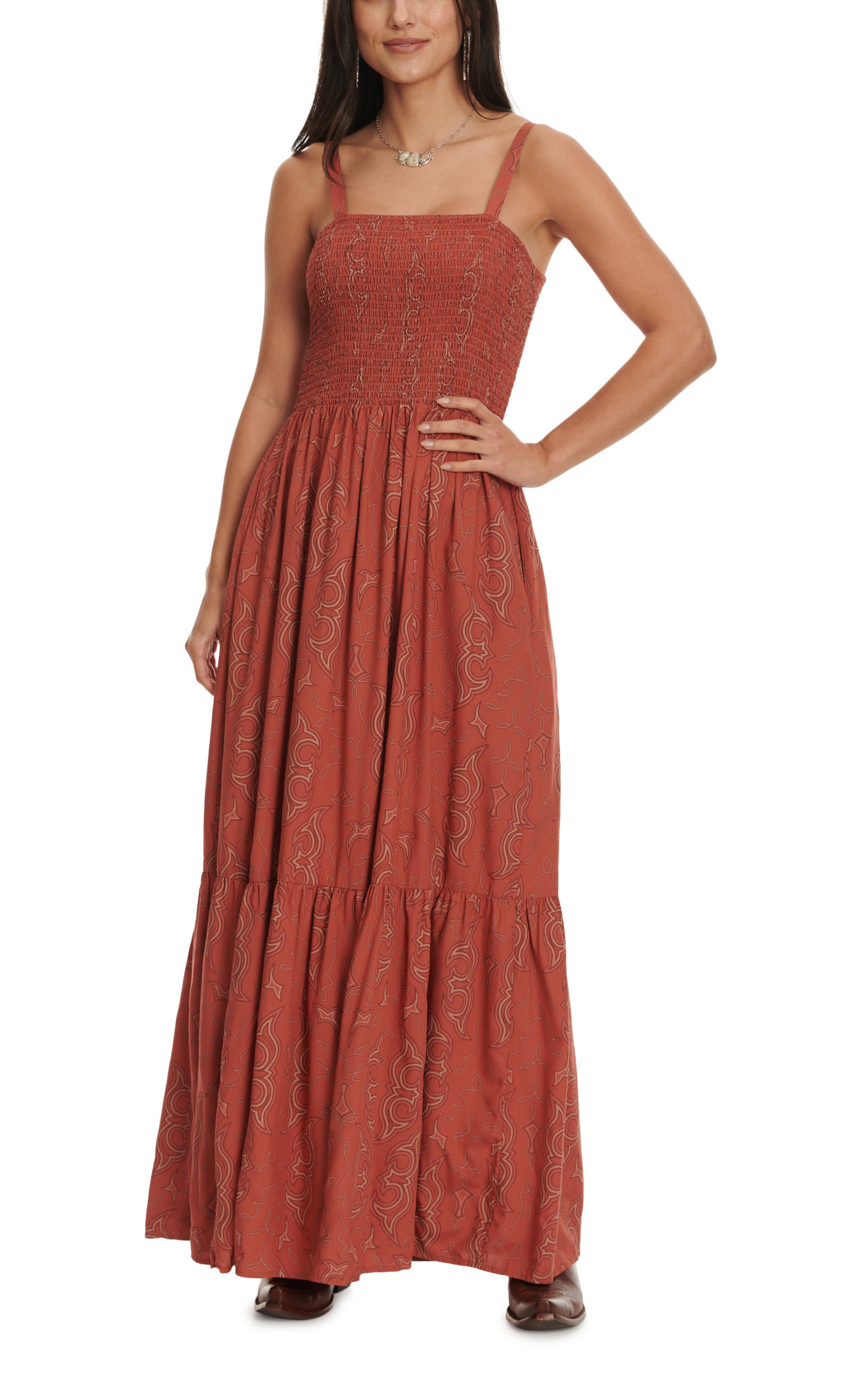 Wrangler Retro Women's Paprika & Boot Stitch Print Smocked Maxi Thin Strap Dress - Image 1