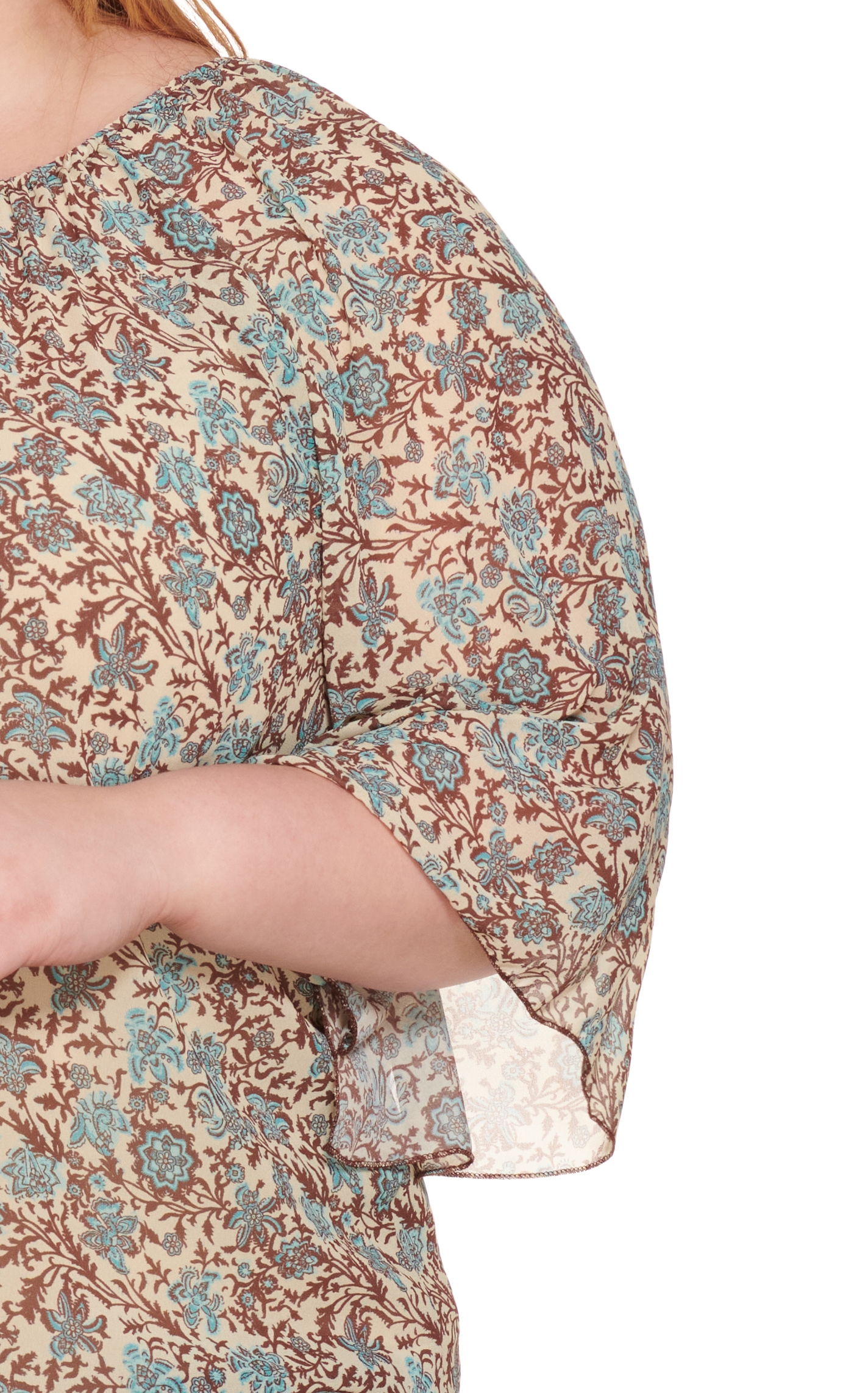 Cowgirl Hardware Women's Cream with Turquoise and Brown Floral Paisley Print 3/4 Angel Sleeves Top - Plus Sizes - Image 1