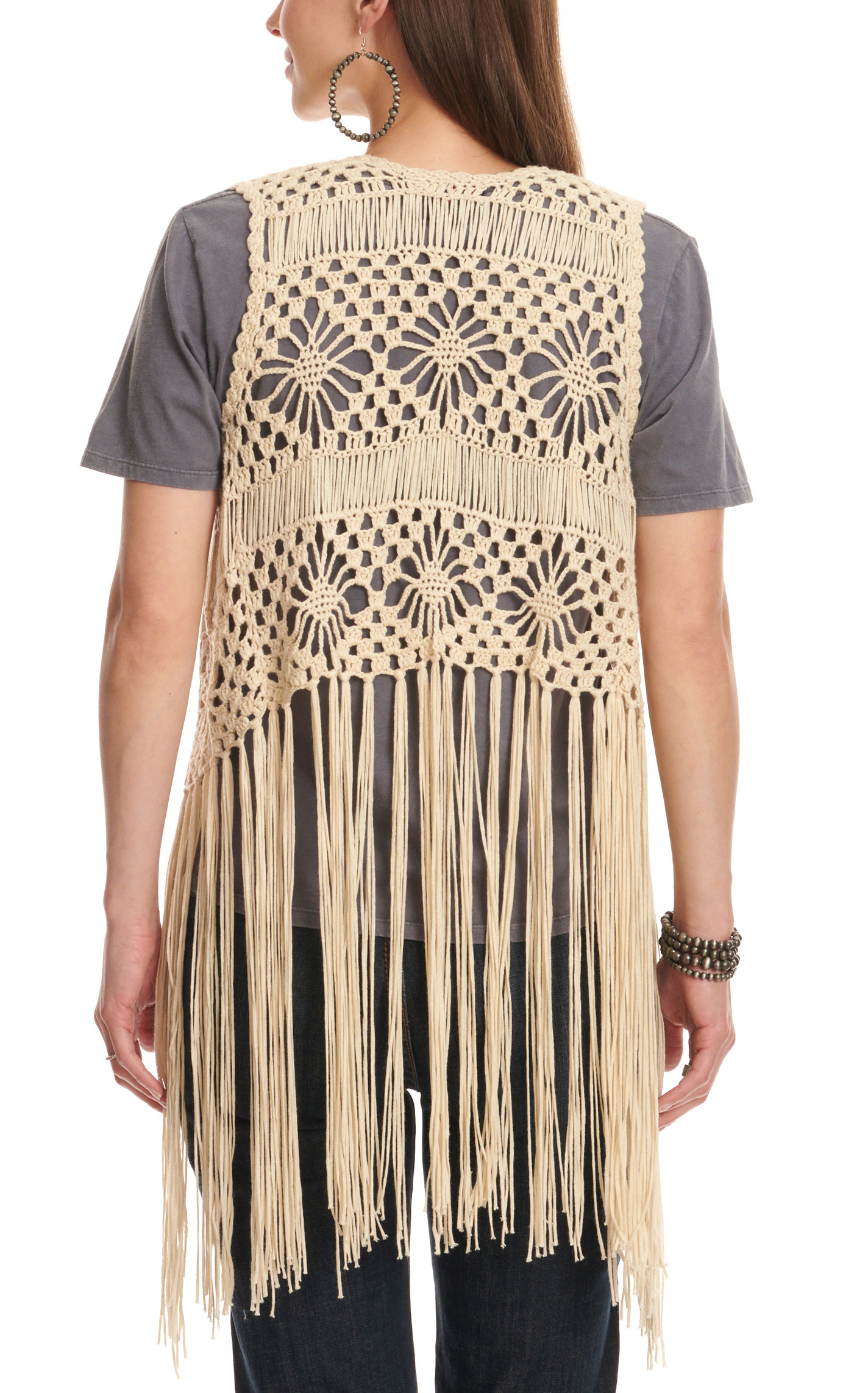 Rock & Roll Denim Women's Natural Bone Crochet Fringed Vest - Image 1
