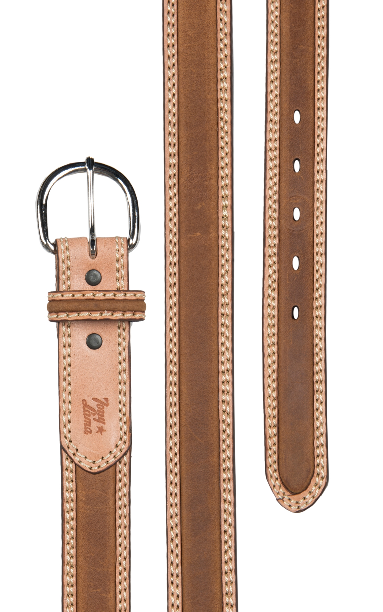 Tony Lama Men's Natural Bark Brown Double Stitch Stockman Western Belt - Image 1