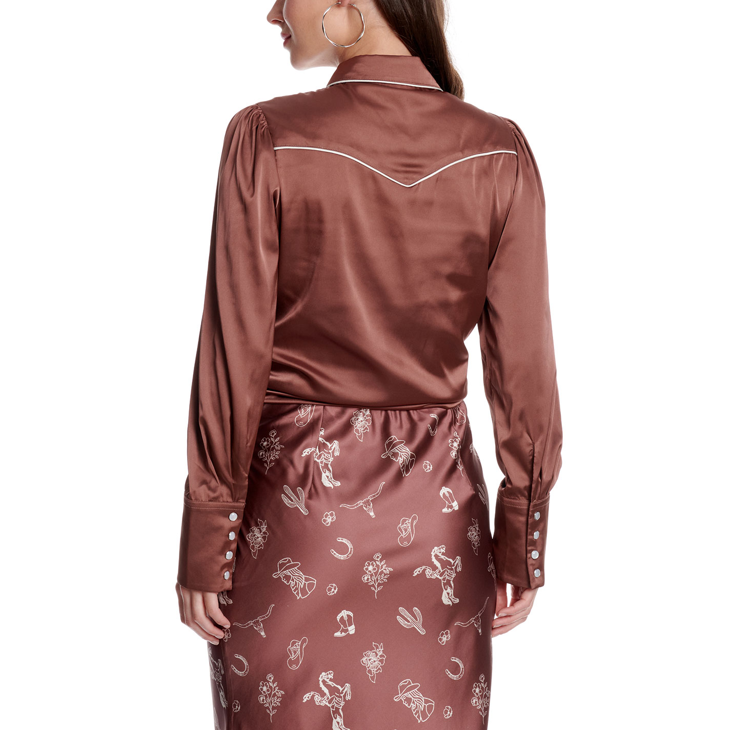 Rockin' C Women's Brown Satin Embroidered Pocket Western  Top - Image 1
