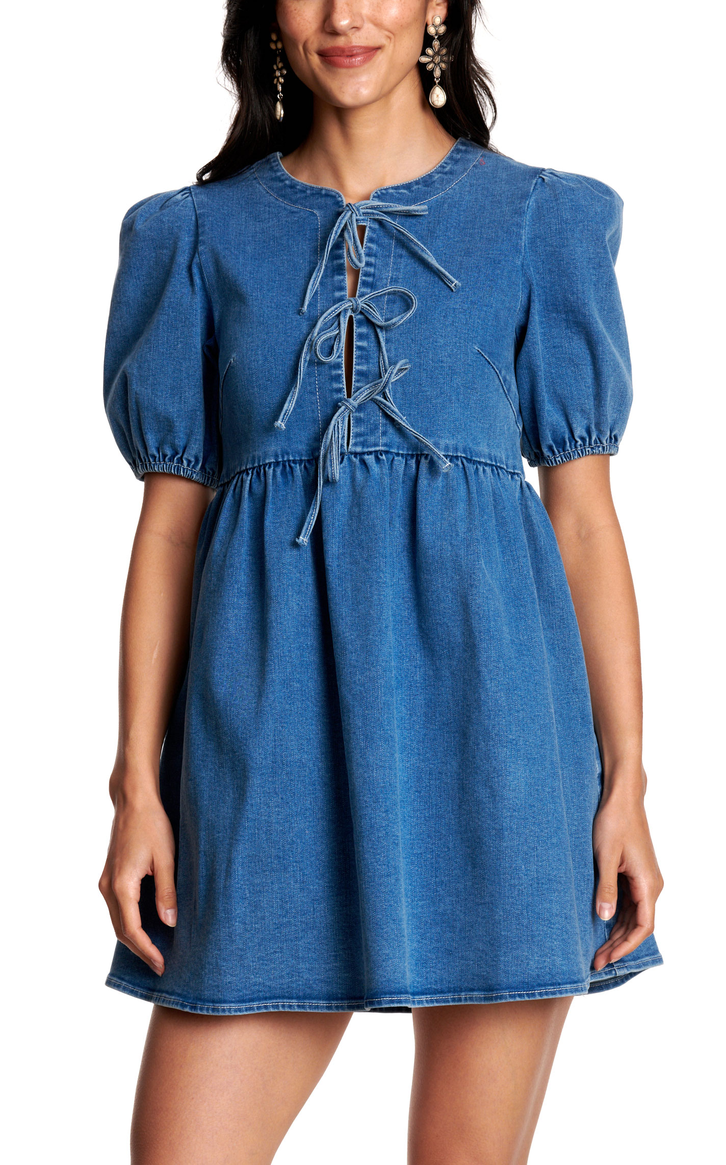 Endless Blu Women's Medium Wash Denim Puff Sleeve Tie Front Dress - Image 1