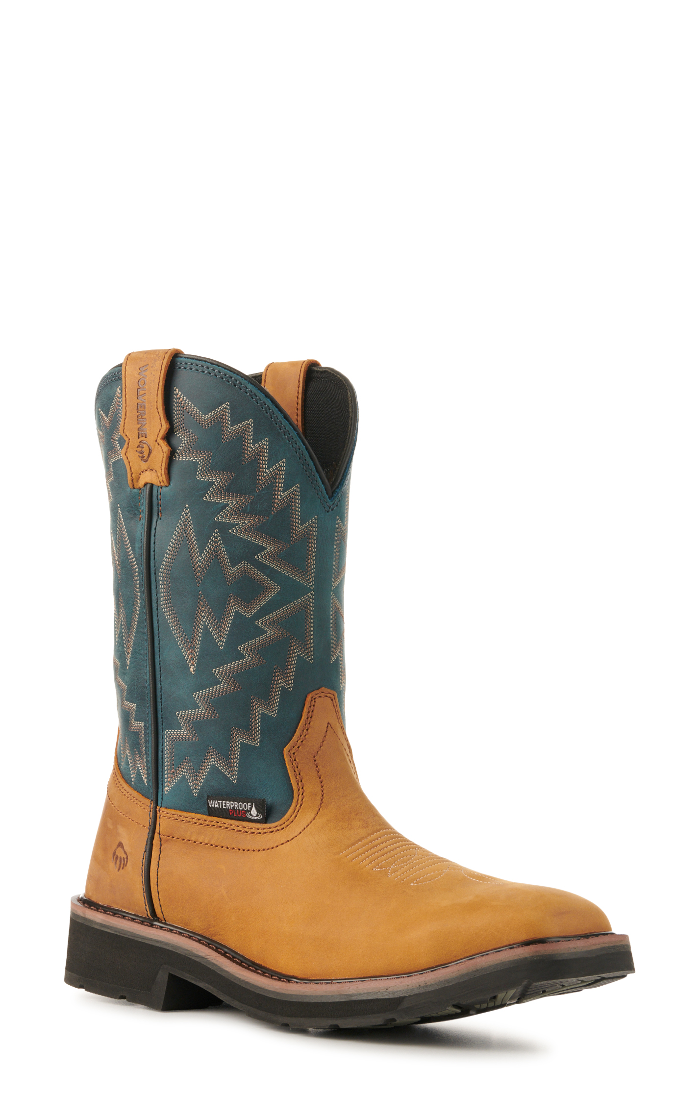 Wolverine Men's Rancher Arrow Tan and Blue Waterproof Wide Square Steel Toe Work Boots - Image 1
