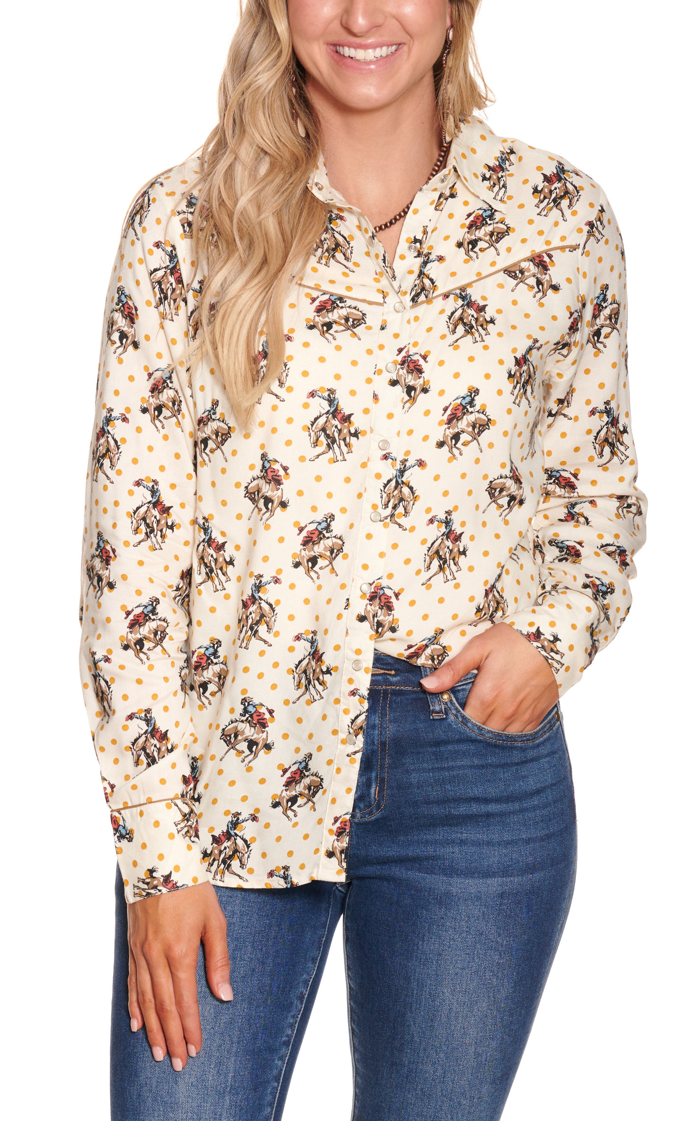 Cotton & Rye Women's Cream with Mustard Dots Retro Bronc Rider Print Long Sleeve Western Shirt - Image 1