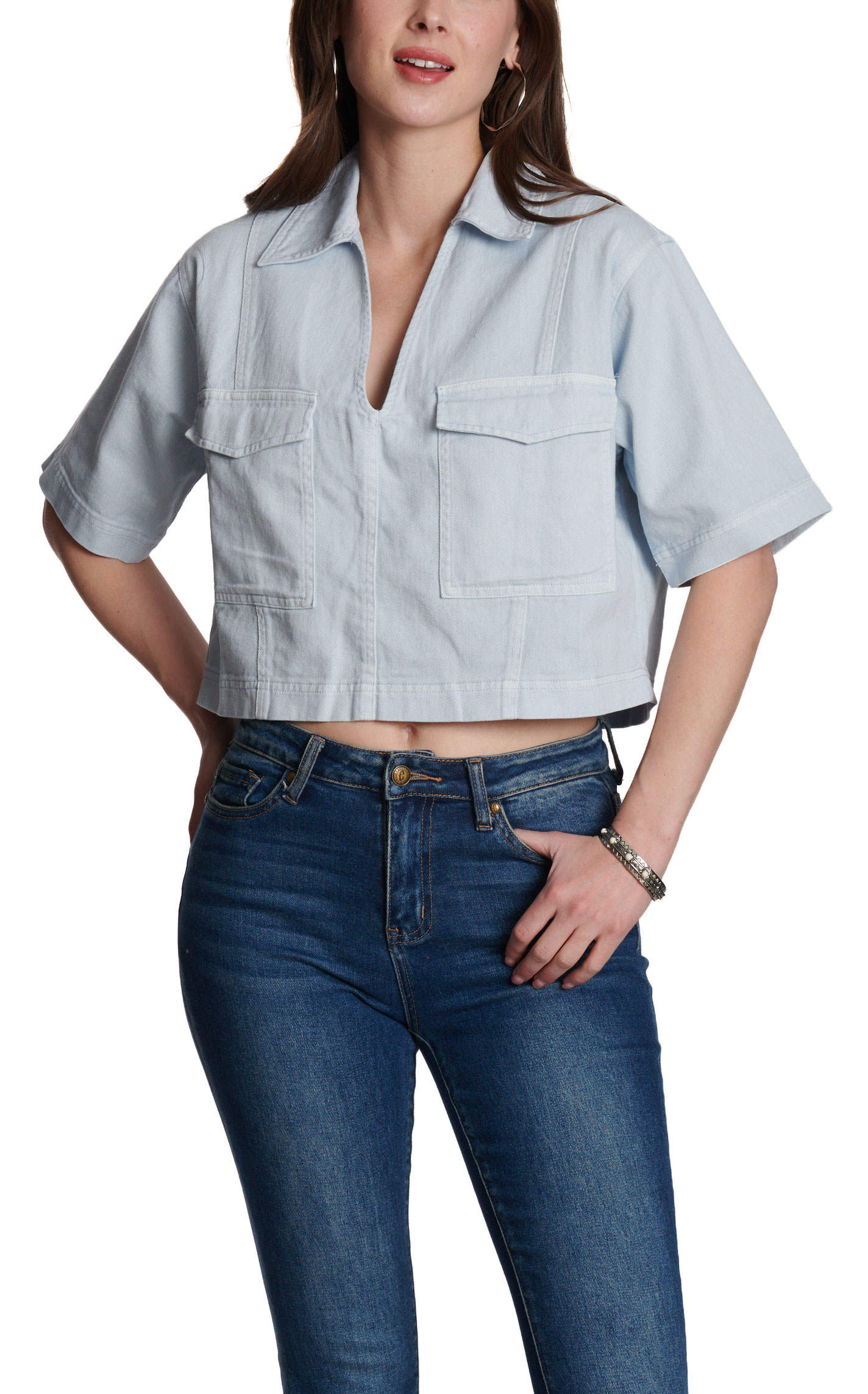 Double Zero Women’s Ice Blue Short Sleeve Cropped Top - Image 1
