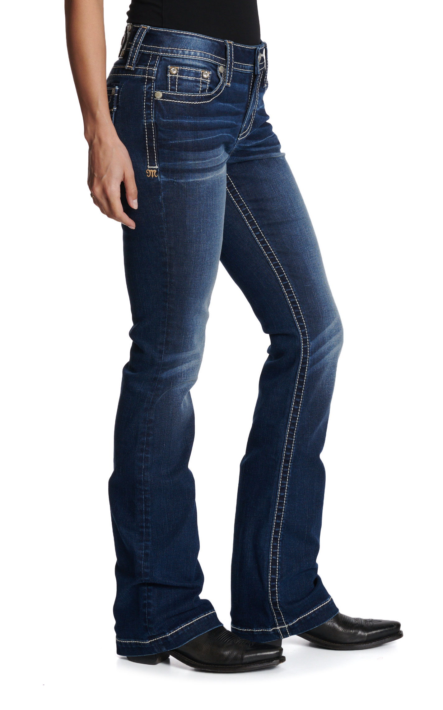 Miss Me Women’s Dark Wash Signature ‘M’ Flap Pocket 34” Bootcut Jeans - Image 1