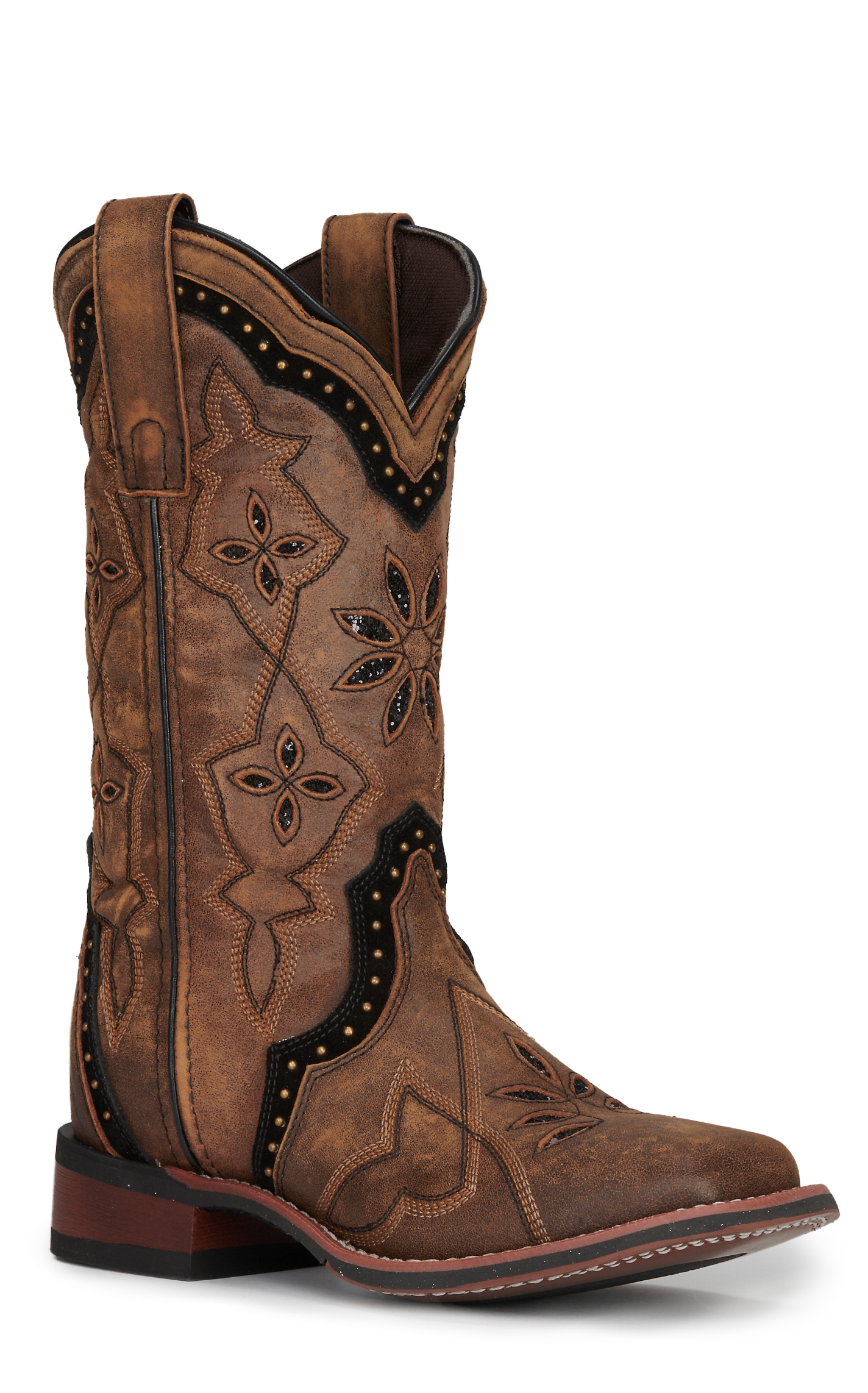 Laredo Women's Bouquet Honey Brown with Glitter Underlay Wide Square Toe Cowboy Boots - Image 1
