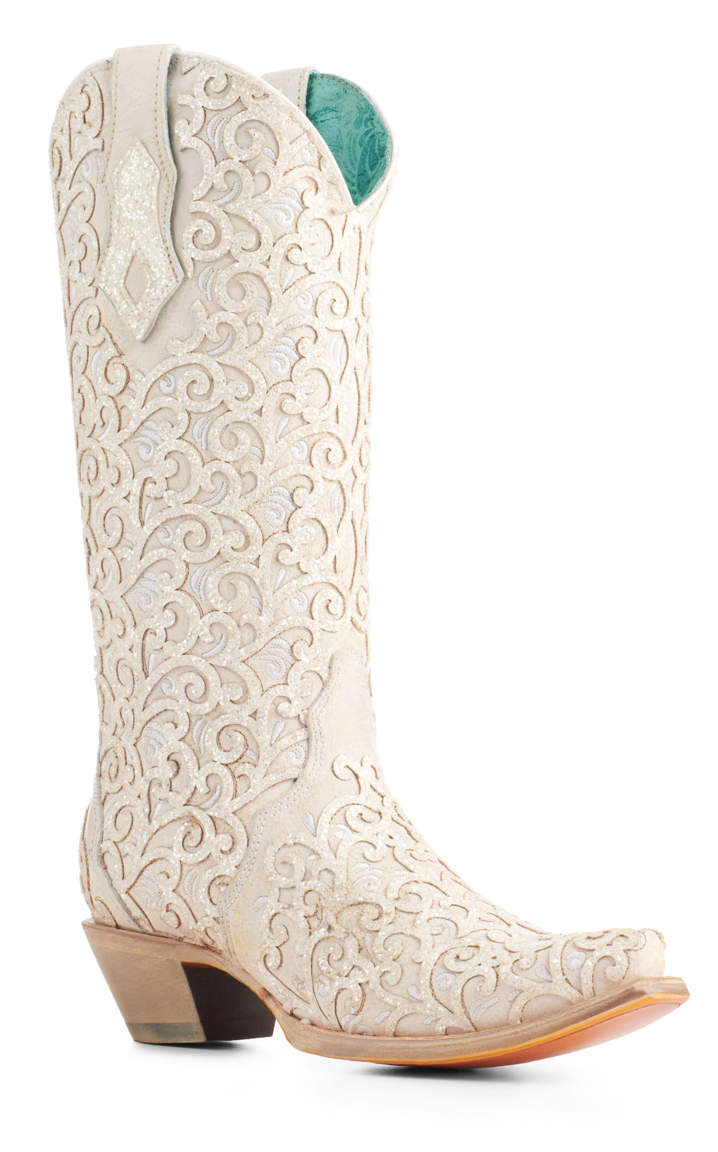 Corral Women's White with Glitter Overlay Black Light Snip Toe Cowboy Boots - Image 1