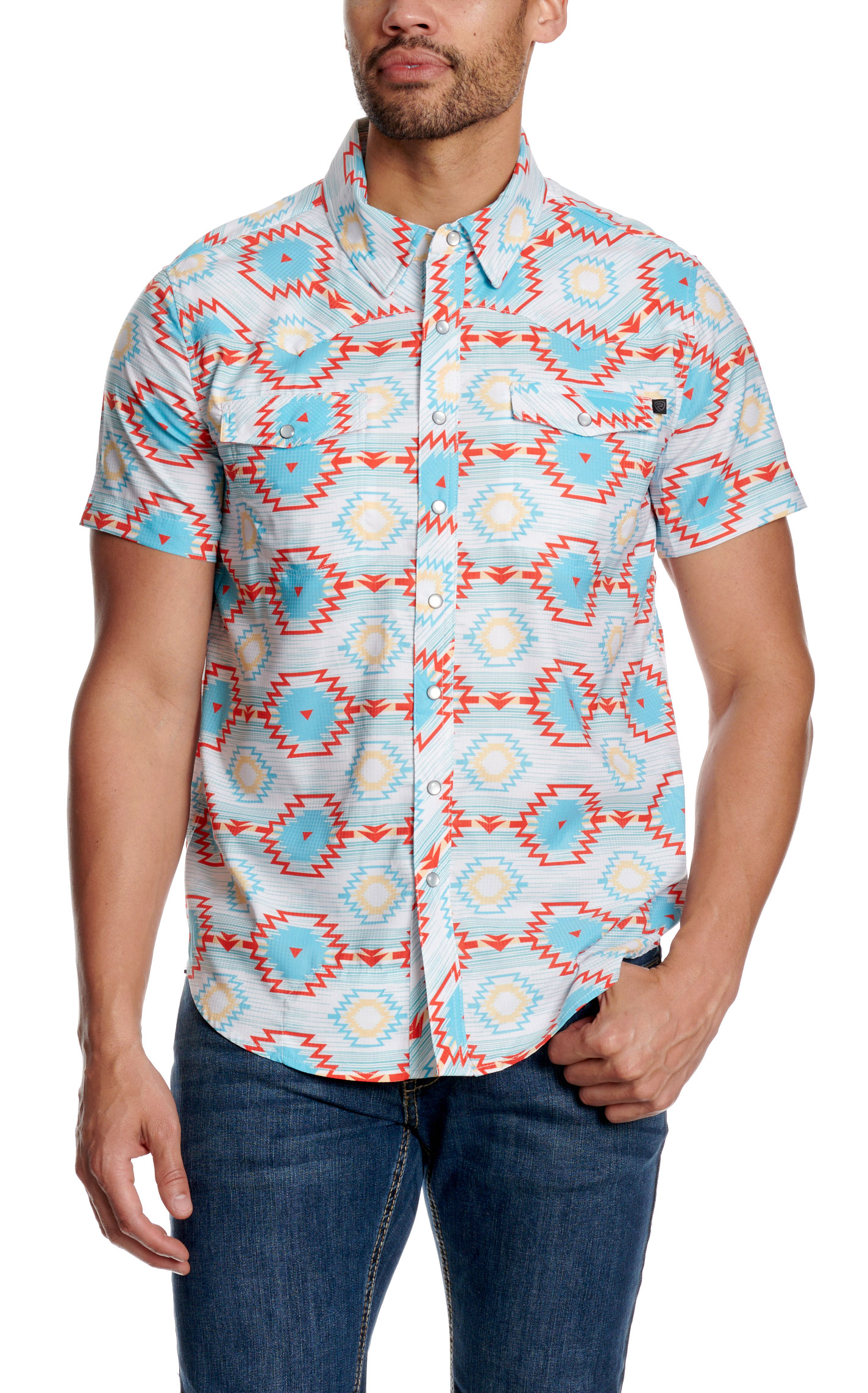Rock & Roll Denim Men's Turquoise & Red Aztec Print TEK Western Shirt - Image 1