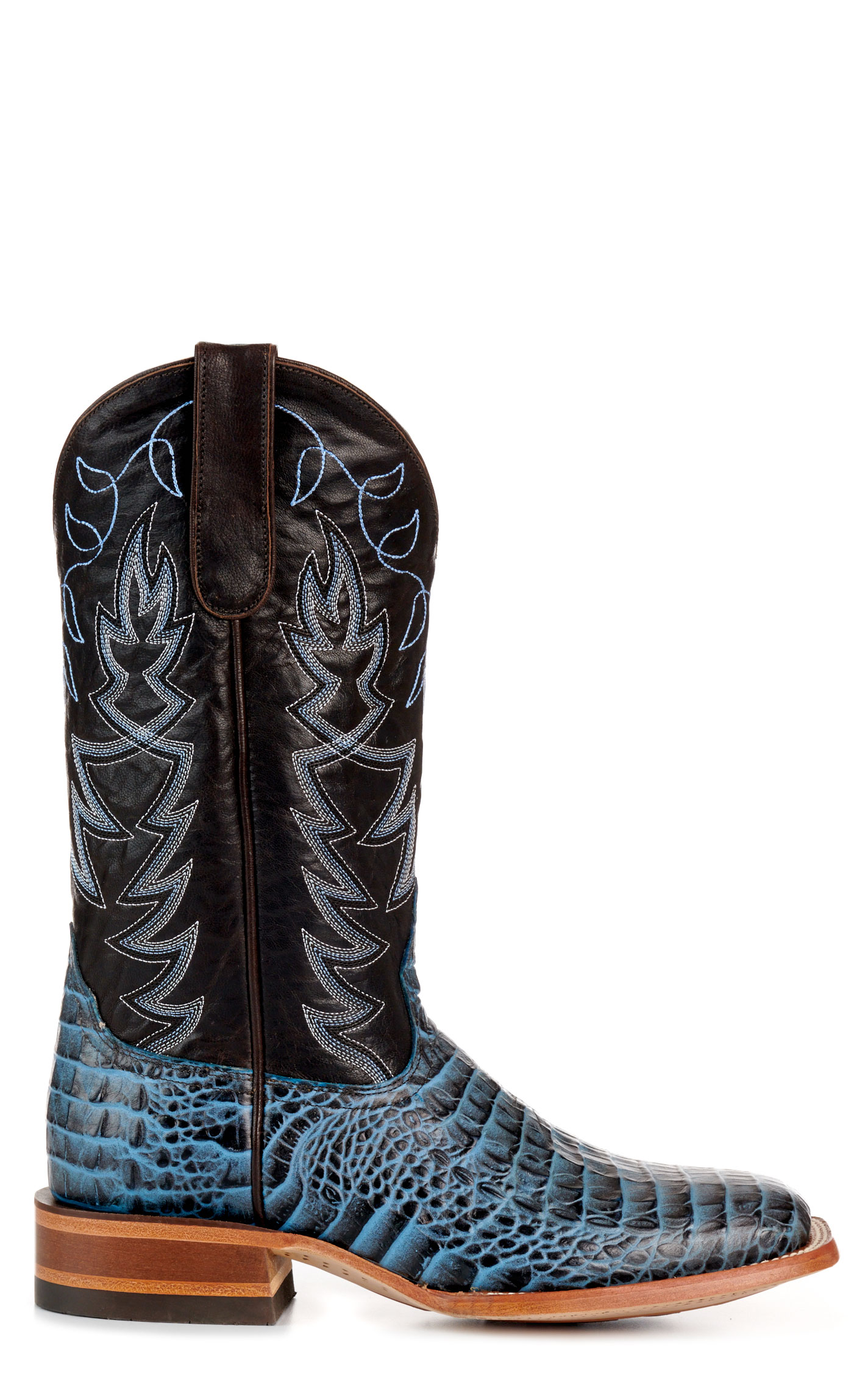 Cavender’s Women’s Endurance Chocolate and Blue Crocodile Print Wide Square Toe Cowboy Boots  - Image 1