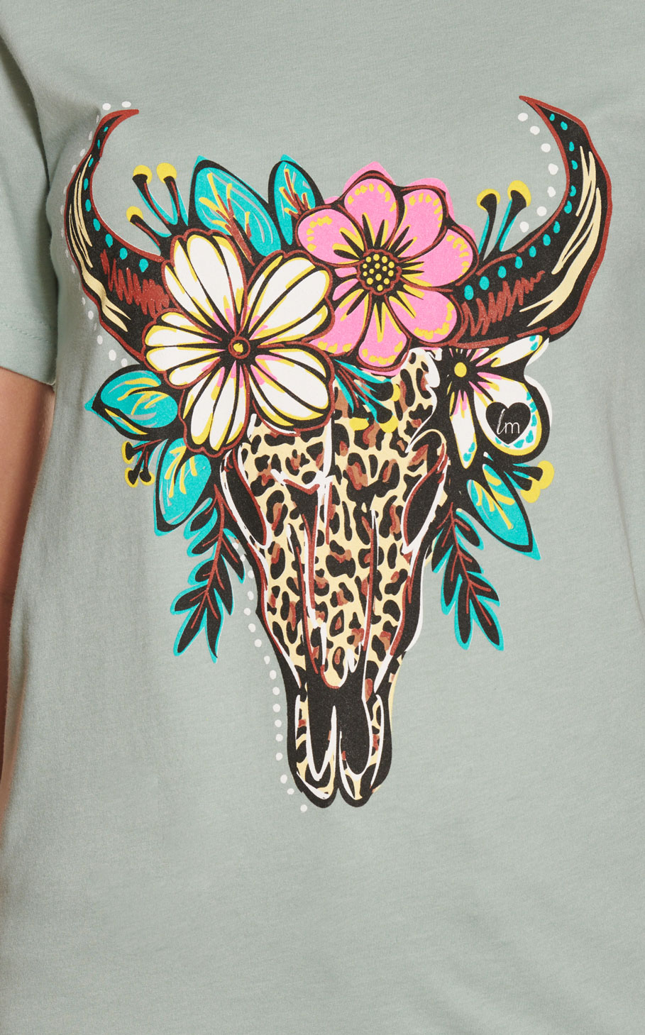 LuLu Mac Women's Light Green with Leopard Skull & Floral Graphic Front Short Sleeve T-Shirt - Image 1