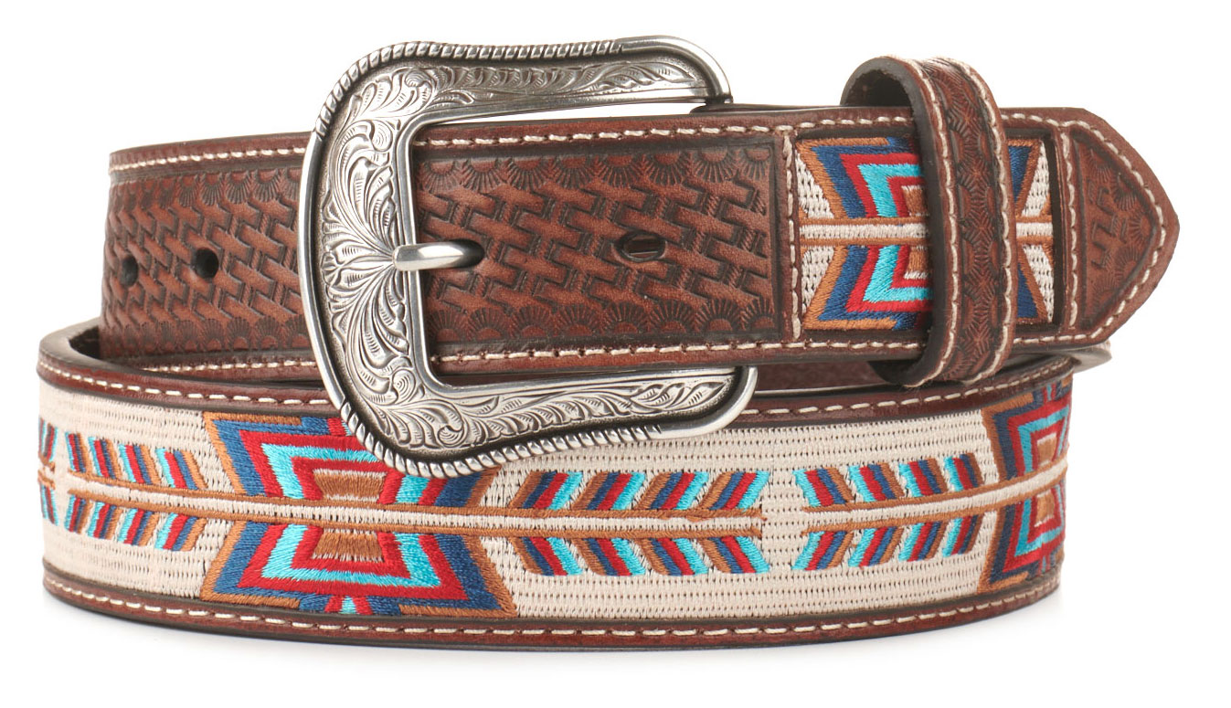 3D Belt Co Men's Brown with Red Blue and Cinnamon Aztec Stitch Western Belt - Image 1