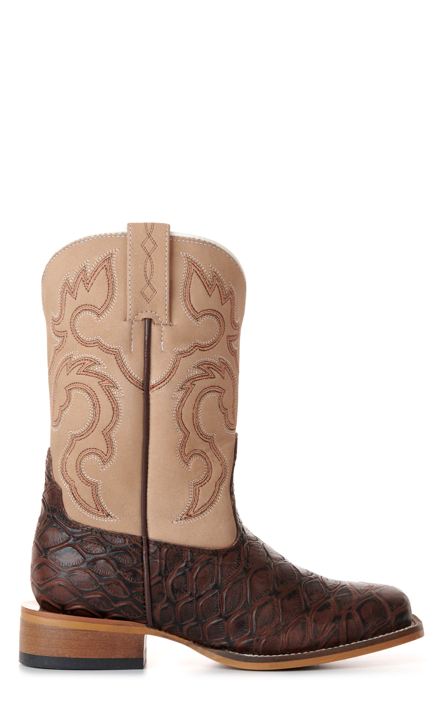 Cavender's Youth Cream & Chocolate Pirarucu Print Wide Square Toe Cowboy Boots - Image 1