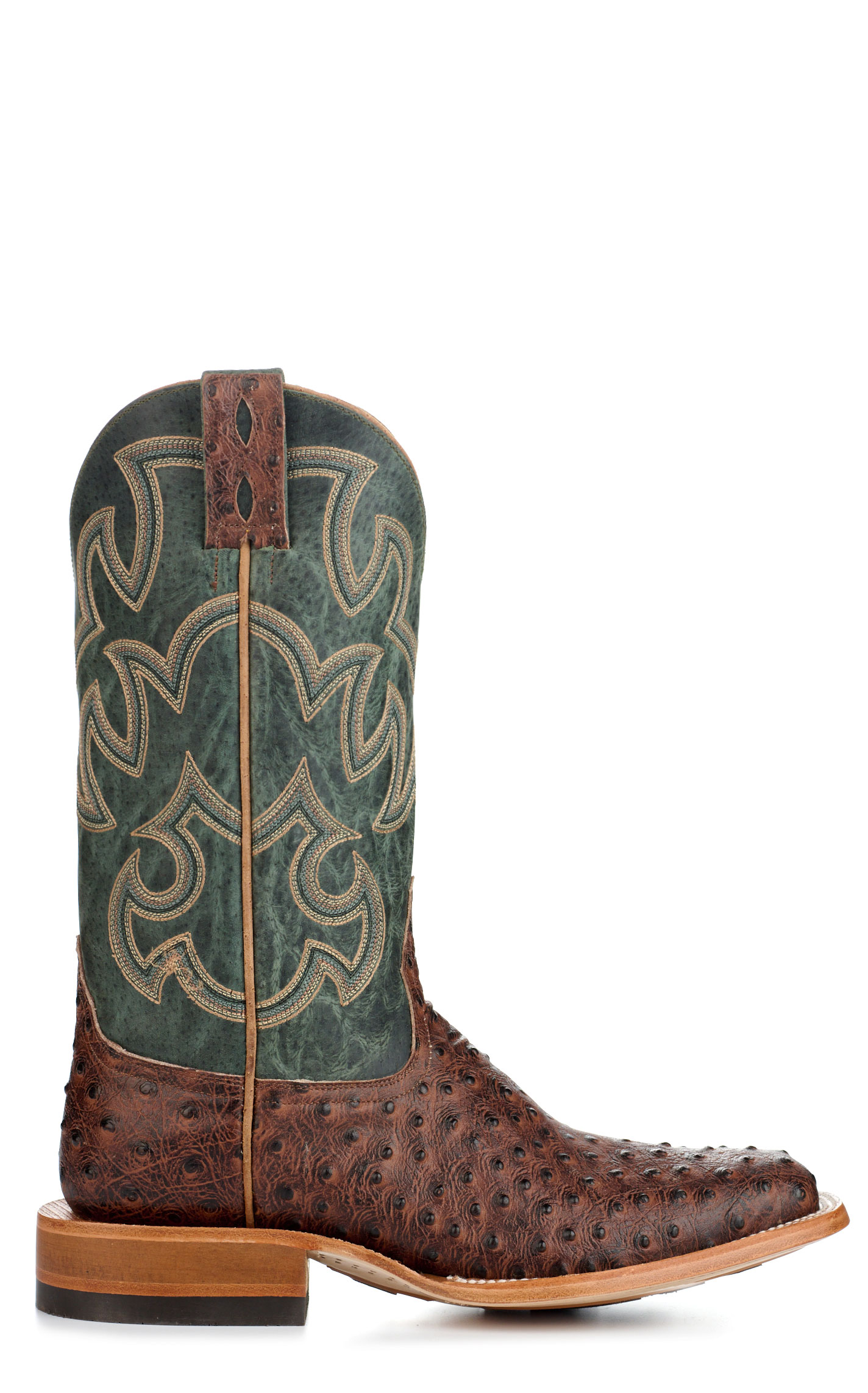 Cavender's Men's Endurance Deep Green and Brown Ostrich Print Wide Square Toe Cowboy Boots  - Image 1