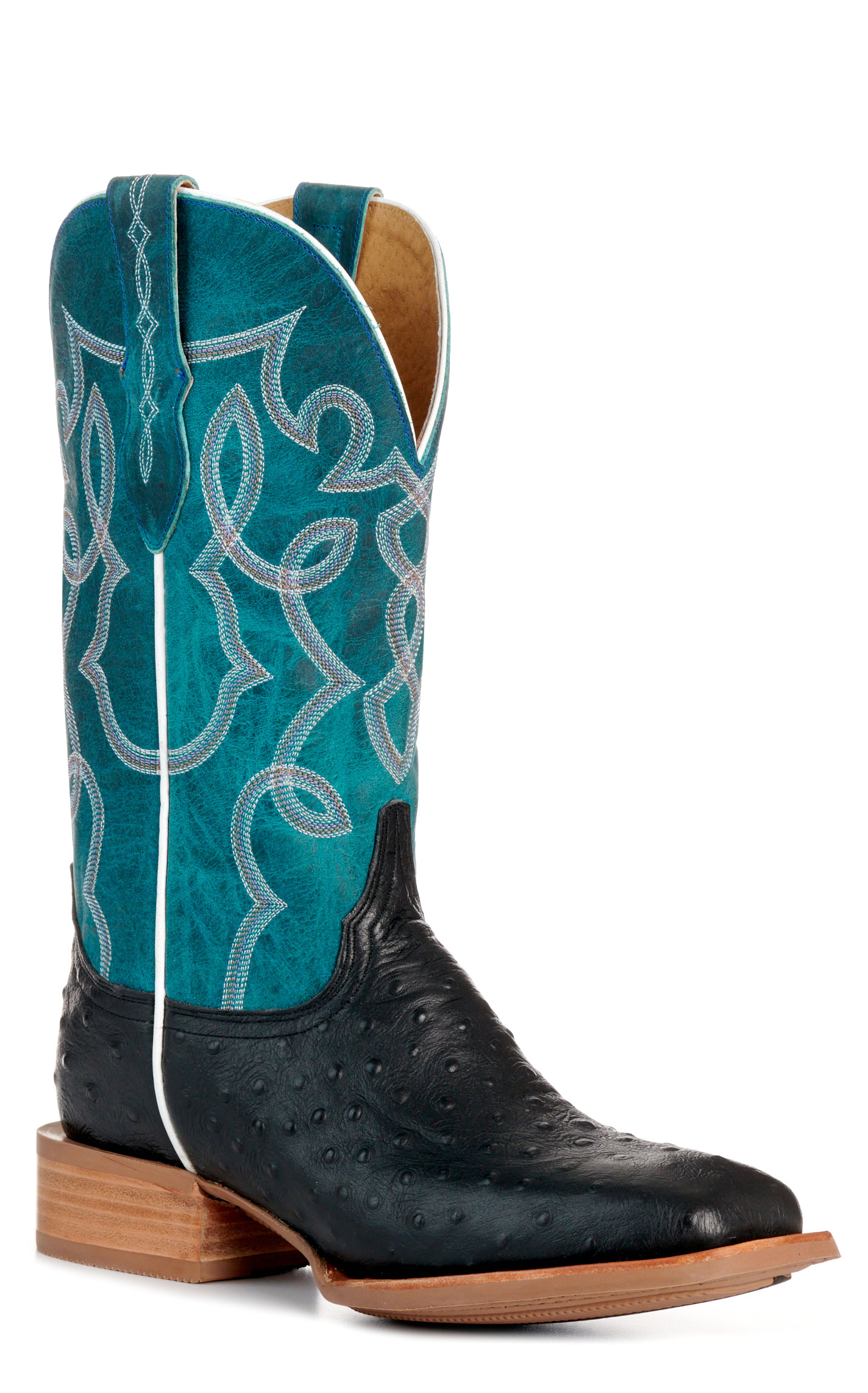 Cavender’s Women’s Intrepid Black Ostrich Print and Turquoise Wide Square Toe Cowboy Boots  - Image 1
