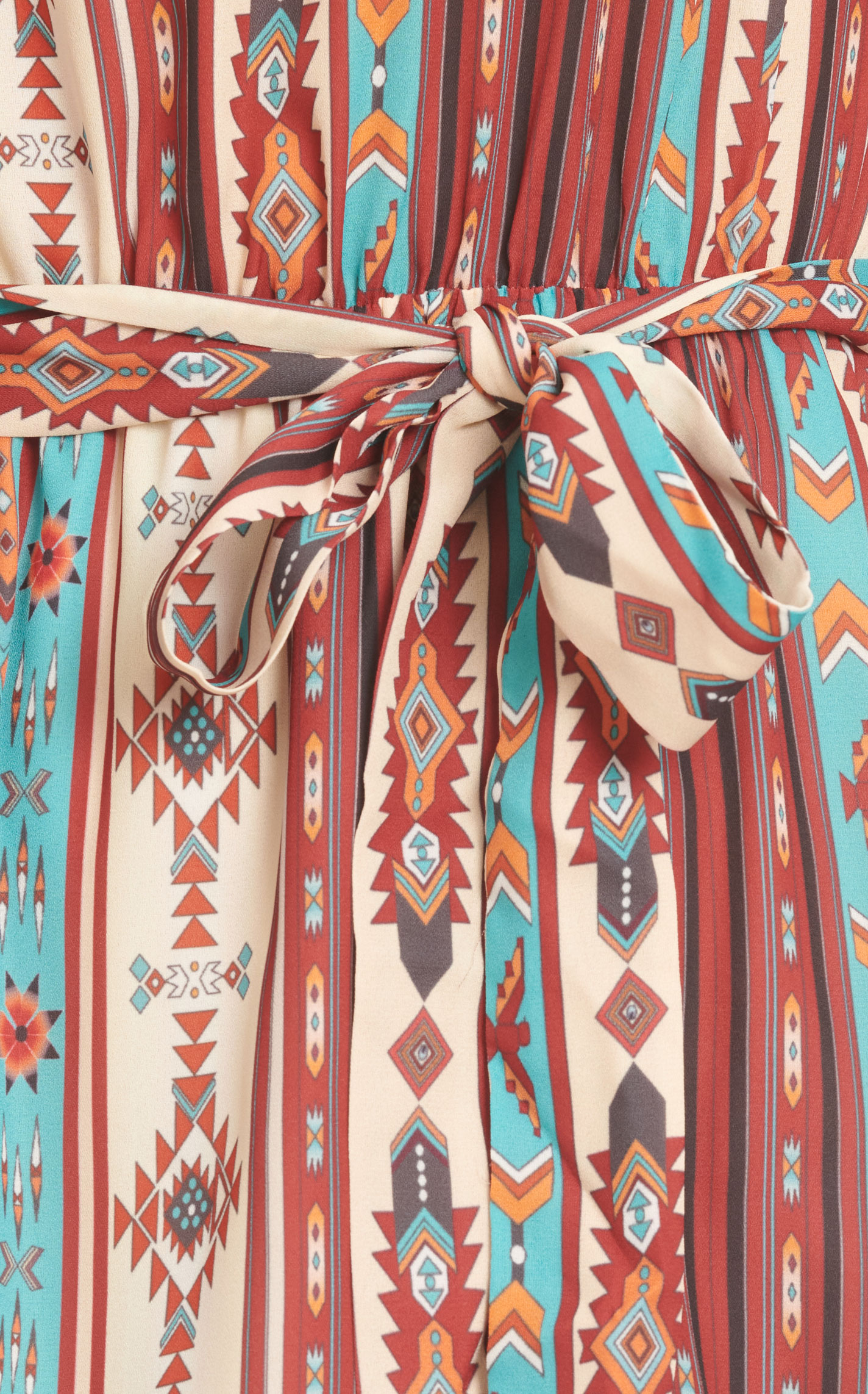 Cowgirl Legend Women's Cream Rust & Turquoise Aztec Stripe Short Puff Sleeve Hi-Lo Dress - Image 1